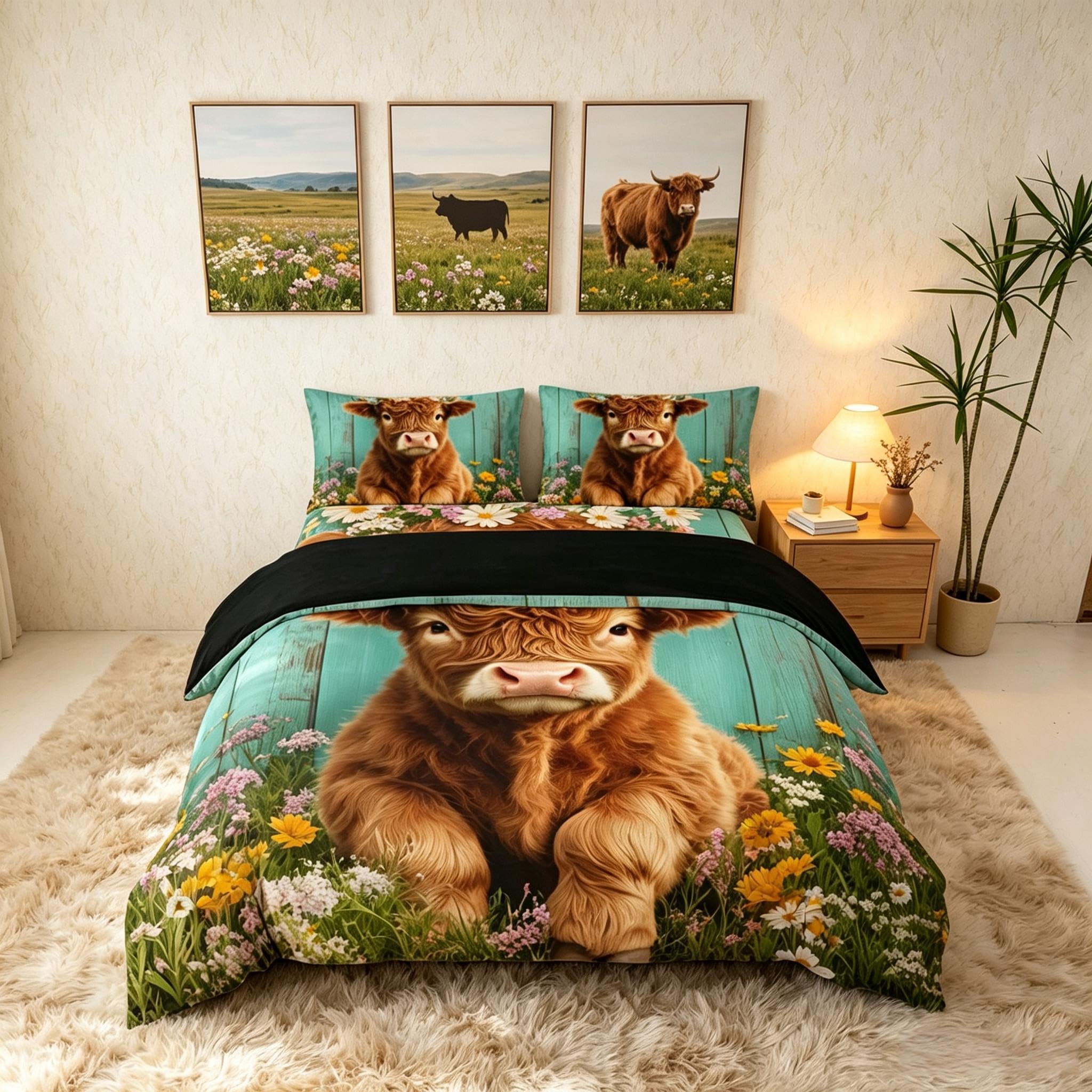 Homemissing Highland Cattle Duvet Cover Set Double Size For Kids Boys Girls Teens Highland Cow Bedding Set Daisy Botanical Floral Printed Comforter Cover with 2 Pillowcases — image 1