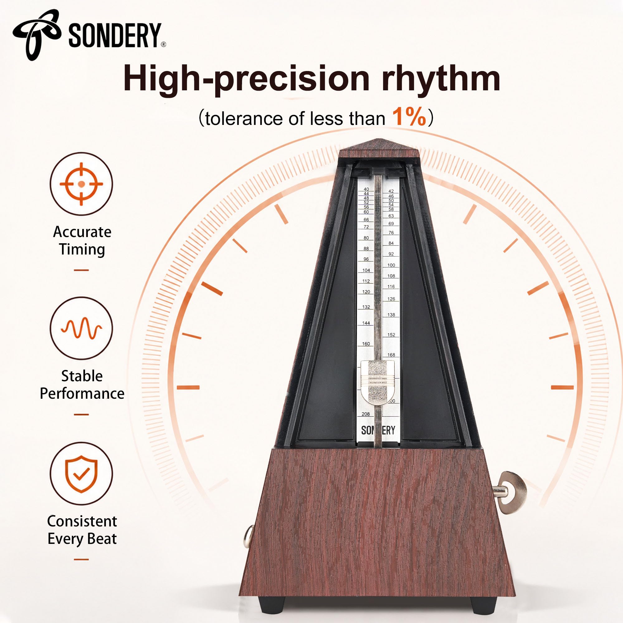 Sondery Metrónomo mecánico clásico con campana para piano, guitarra, tambor, violín, saxofón, todos los instrumentos, rango de tempo 40-208 bpm, Beats 02346, caja ABS de grano de madera negra con