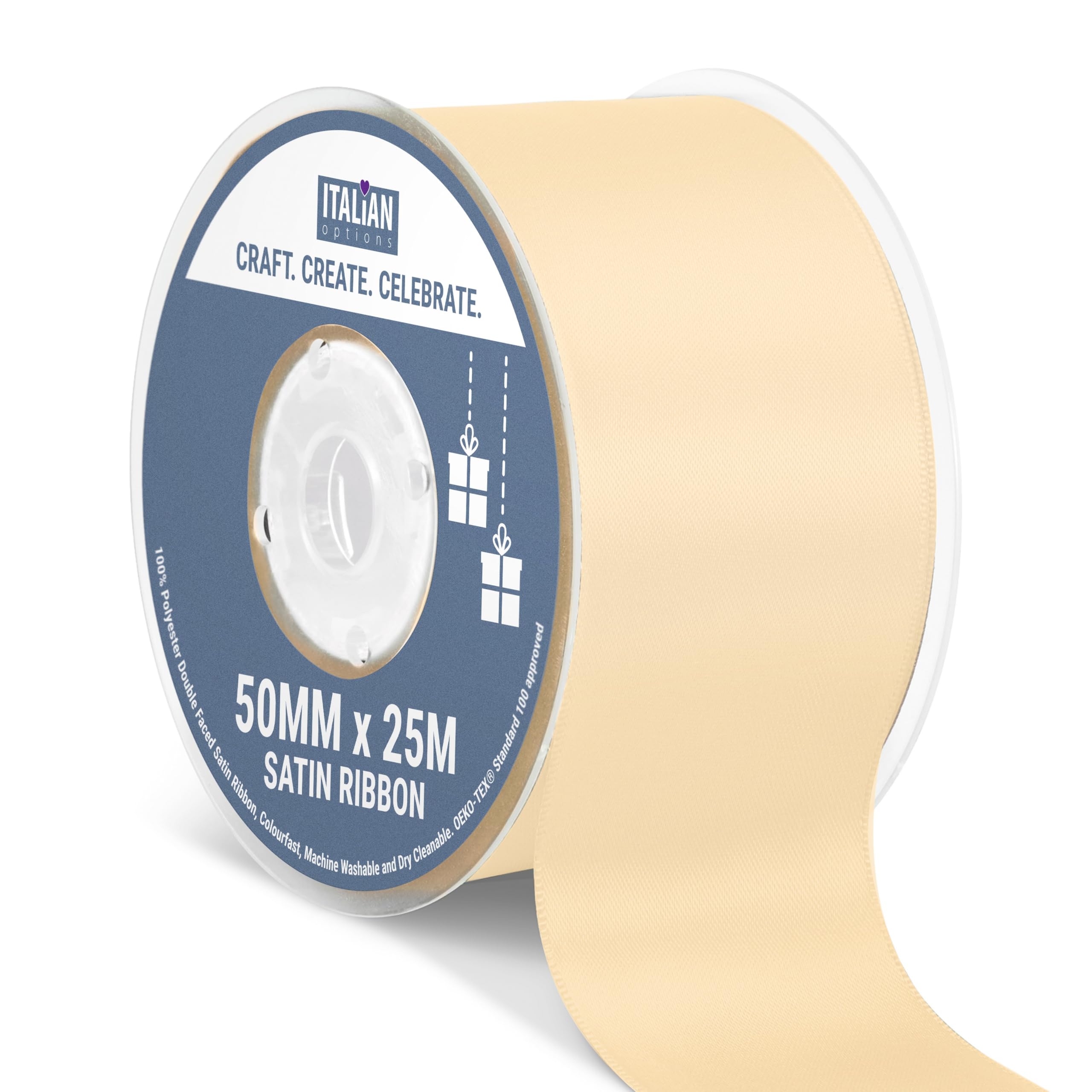 Italian Options Satin Ribbon, Fabric Ribbons for Gift Wrapping, Crafting, Balloons, Wedding Car, Presents, Cake, Christmas, Birthday, Gift Wrap Accessories, 50mm Wide x 25 Metre Roll, Champagne