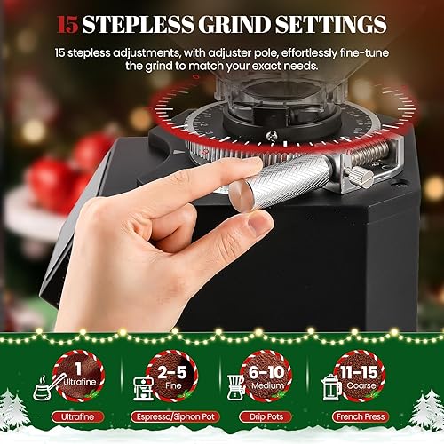 Miniatura 6 de Huanyu Molinillo de café profesional con rebaba plana de 2.913 in, tolva de frijoles de 53 onzas, 15 ajustes de molienda infinitos, molinillo de