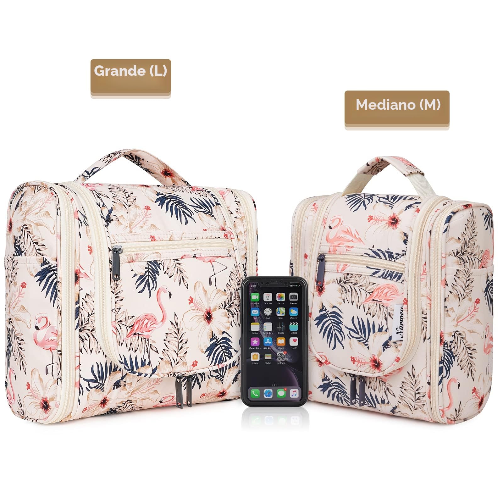 Narwey Neceser Mujer Bolsa de Aseo Colgante, Organizador de Maquillaje Neceser Viaje para Hombre y Mujer Accesorios de Viaje (Flamenco Beige(Grande))