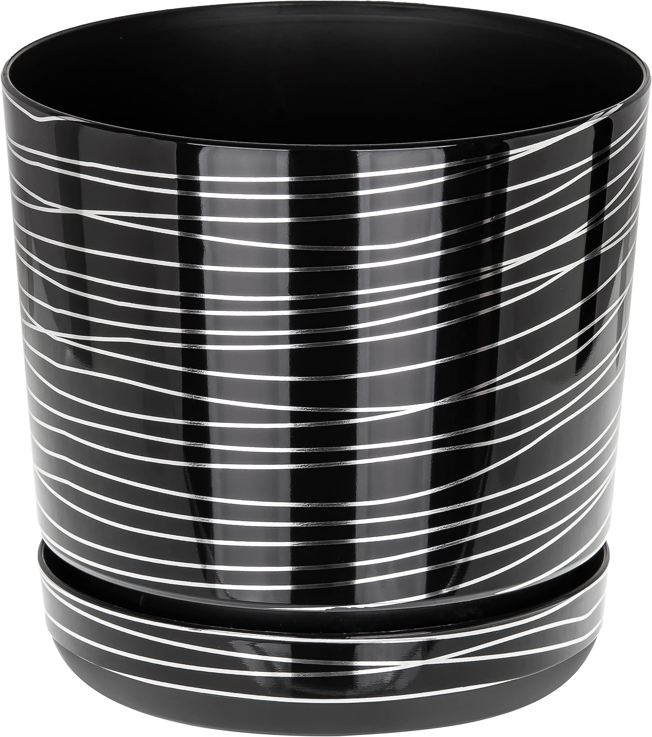 KORAD Modern Indoor Plant Pot – Small & Large Round Plastic Planter with Saucer – Black with Silver Stripes – Lightweight Decorative Pot with Drainage Holes for Succulents-(26 cm - 10.2 inch)