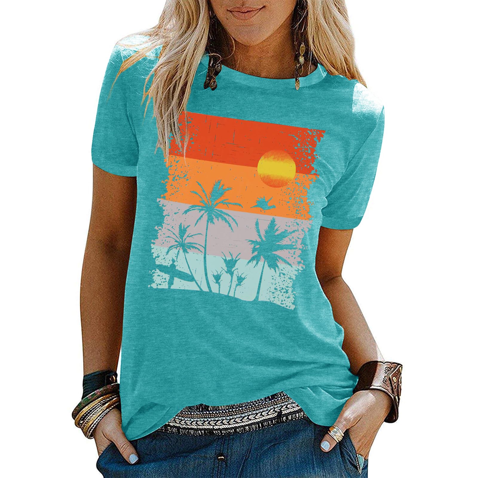 Beach Shirts for Women Hawaiian Graphic Tees Sunshine Summer Vacation Vintage Tshirt Tops