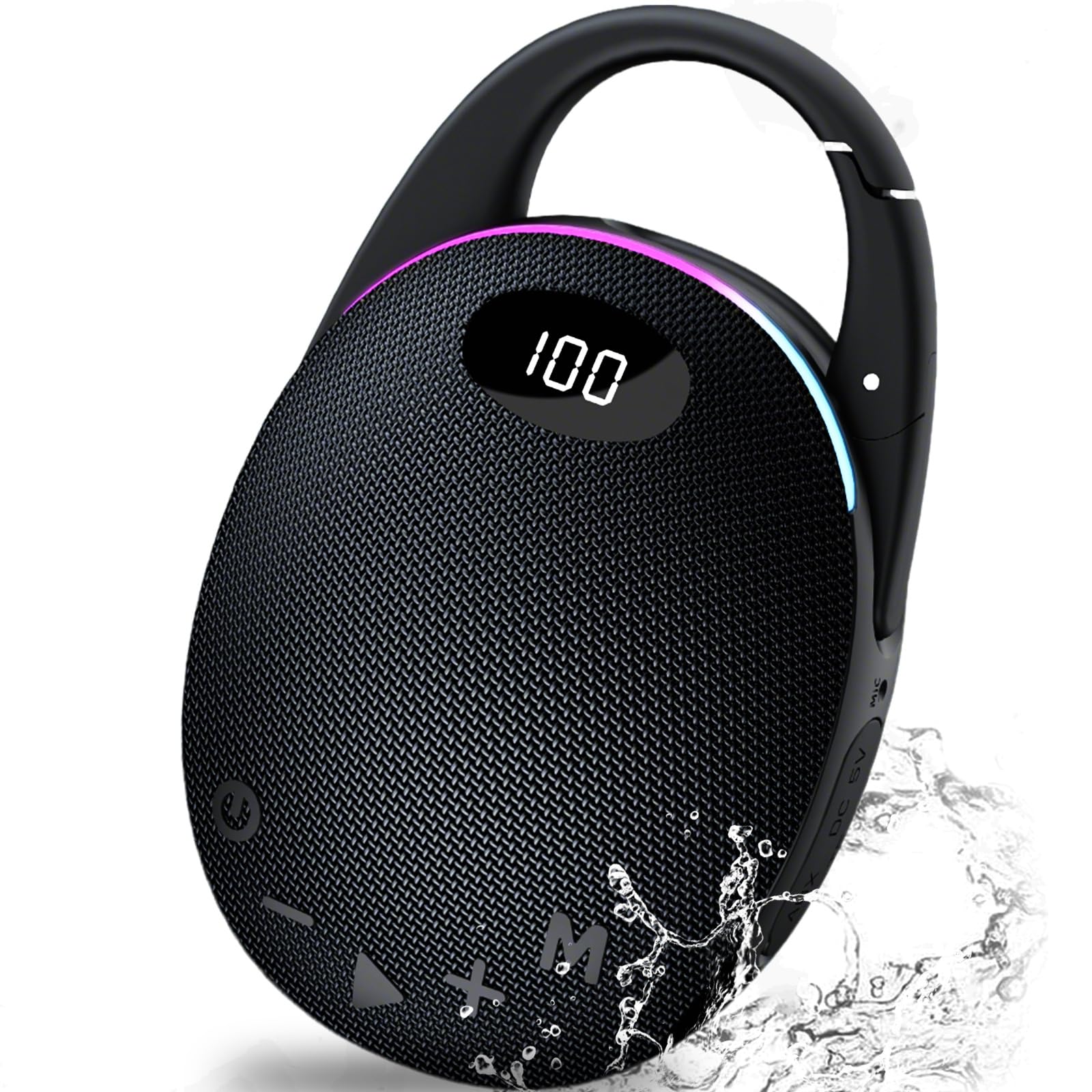 Tragbare Bluetooth Lautsprecher mit Licht,LED Anzeige, Integrierter Karabiner, Pro Sound Musikbox, Kraftvoller Bass,25 Std Akku, RGB Lichter, TWS Kopplung, AUX, TF Karte, Geeignet Outdoor/Party/Reisen
