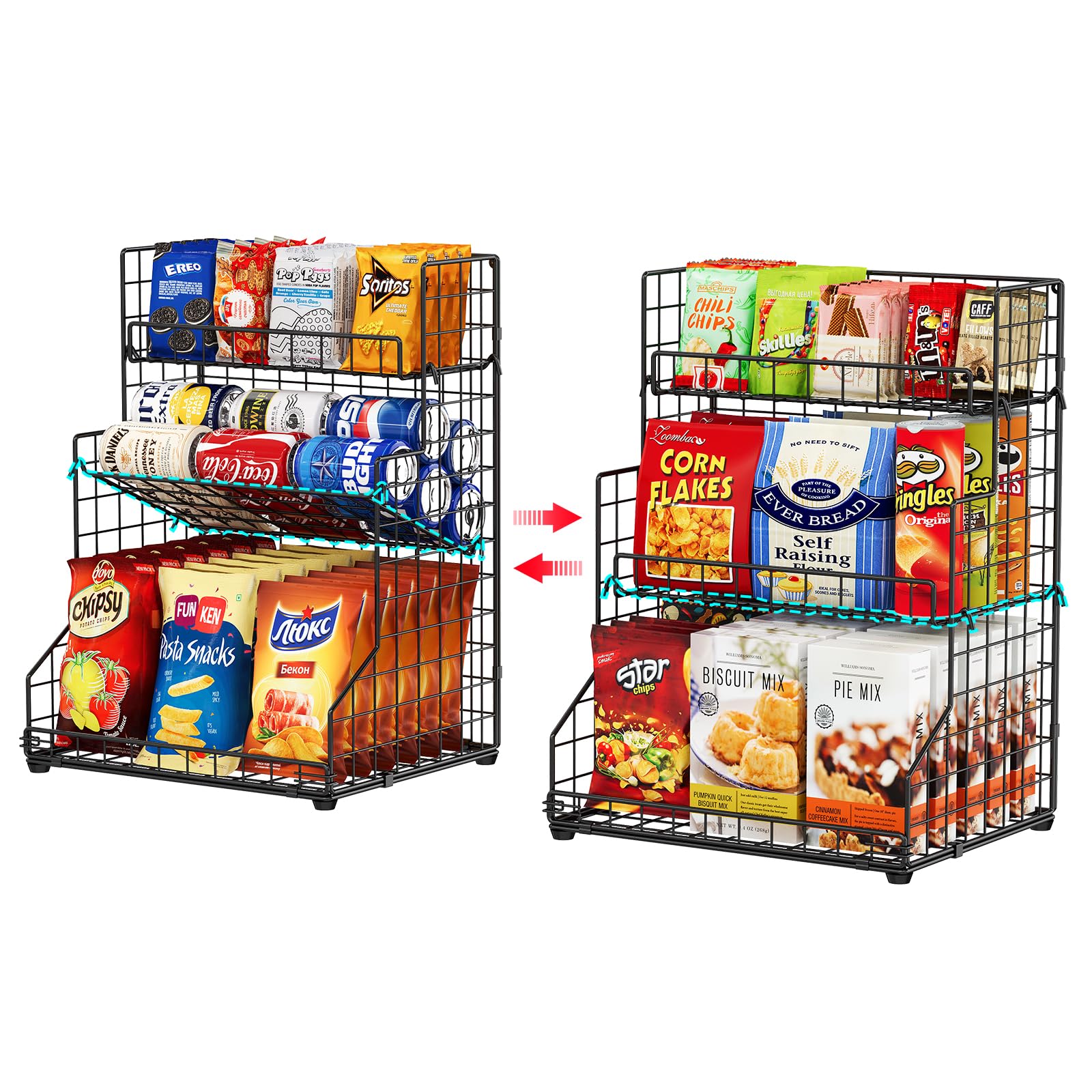 X-cosrack 3-Tier Snack Organizer Rack Bins with Adjustable Tilting Design for Pantry Storage,Metal Wire Snack Holder for Kitchen Bathroom Cabinets Countertops