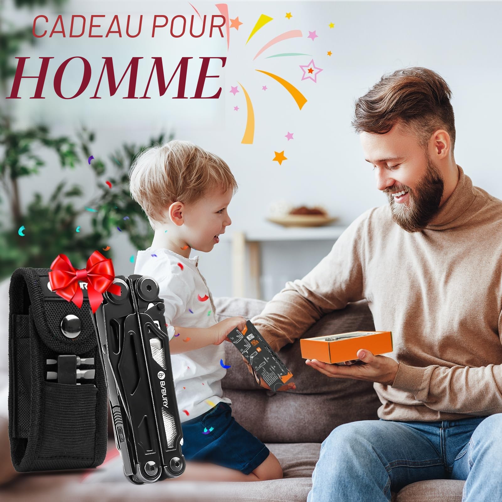 BIBURY Pince Multifonctions en Acier Inoxydable, Outil Multifonction avec Ciseaux, Scie et de Tournevis Interchangeables, Multitool pour Extérieur, Camping, Randonnée, Idee Cadeau Homme Original