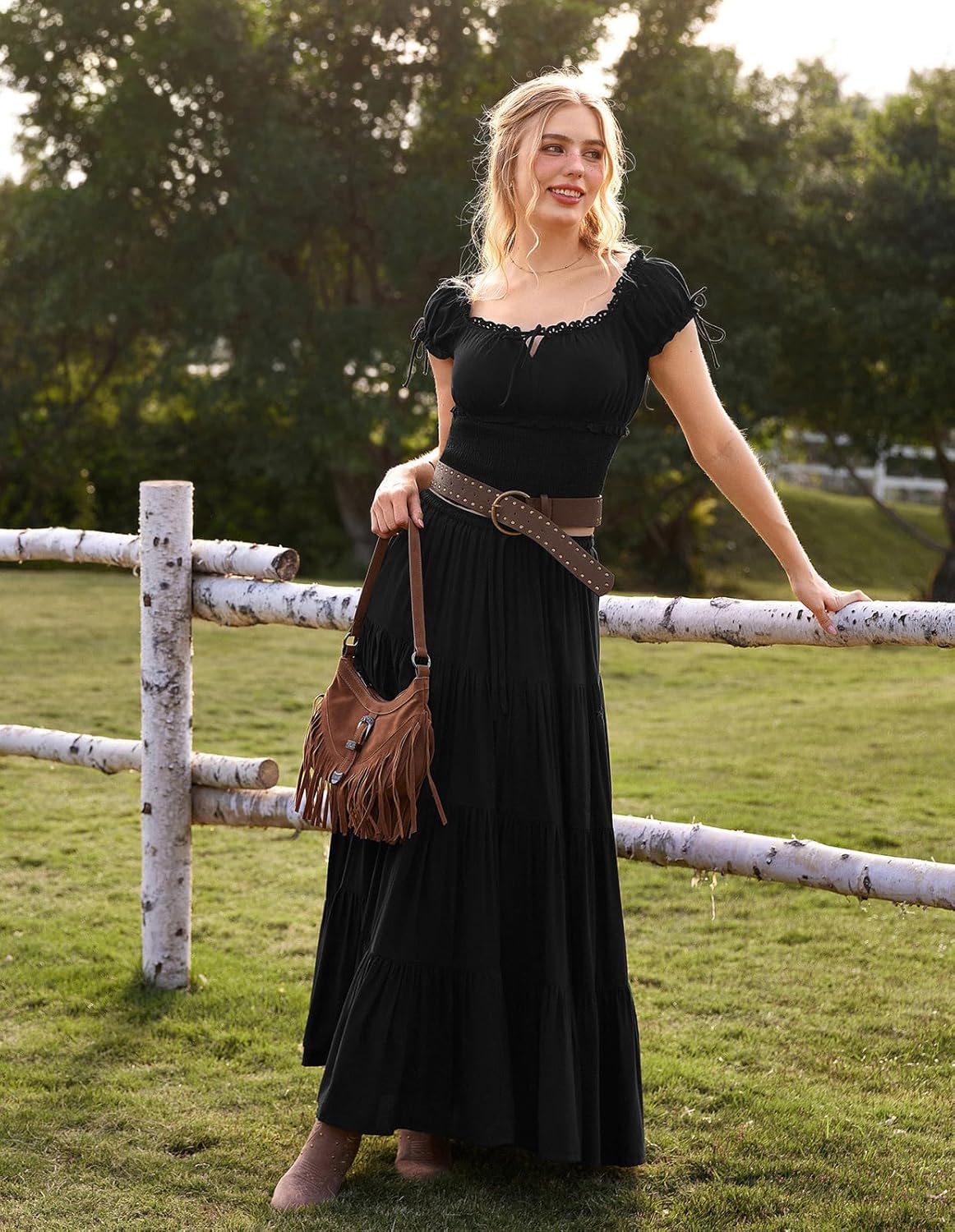 Scarlet Darkness Long Skirts for Women Flowy Boho Tiered Renaissance Maxi Skirt with Pockets - Image 3