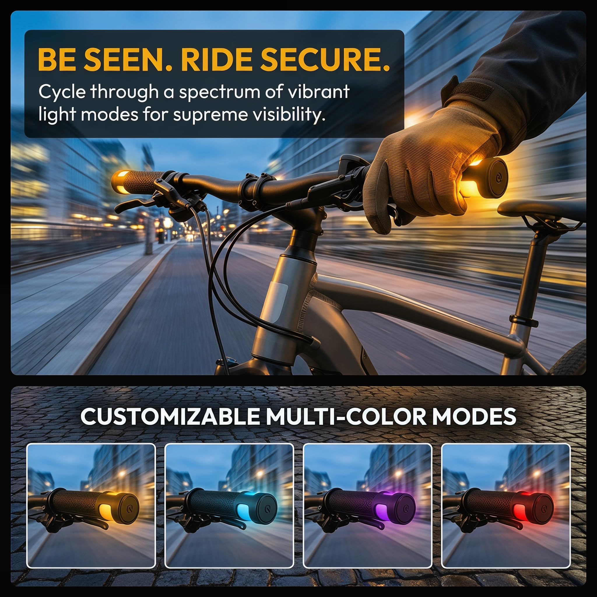 Fahrrad Lenkerlicht, Wiederaufladbares LED Licht für E-Bike & E-Scooter, Mehrfarbig Lenkerleuchte mit Mehreren Lichtmodi, USB-C Aufladbar, Passend für 22 mm Lenkergriff