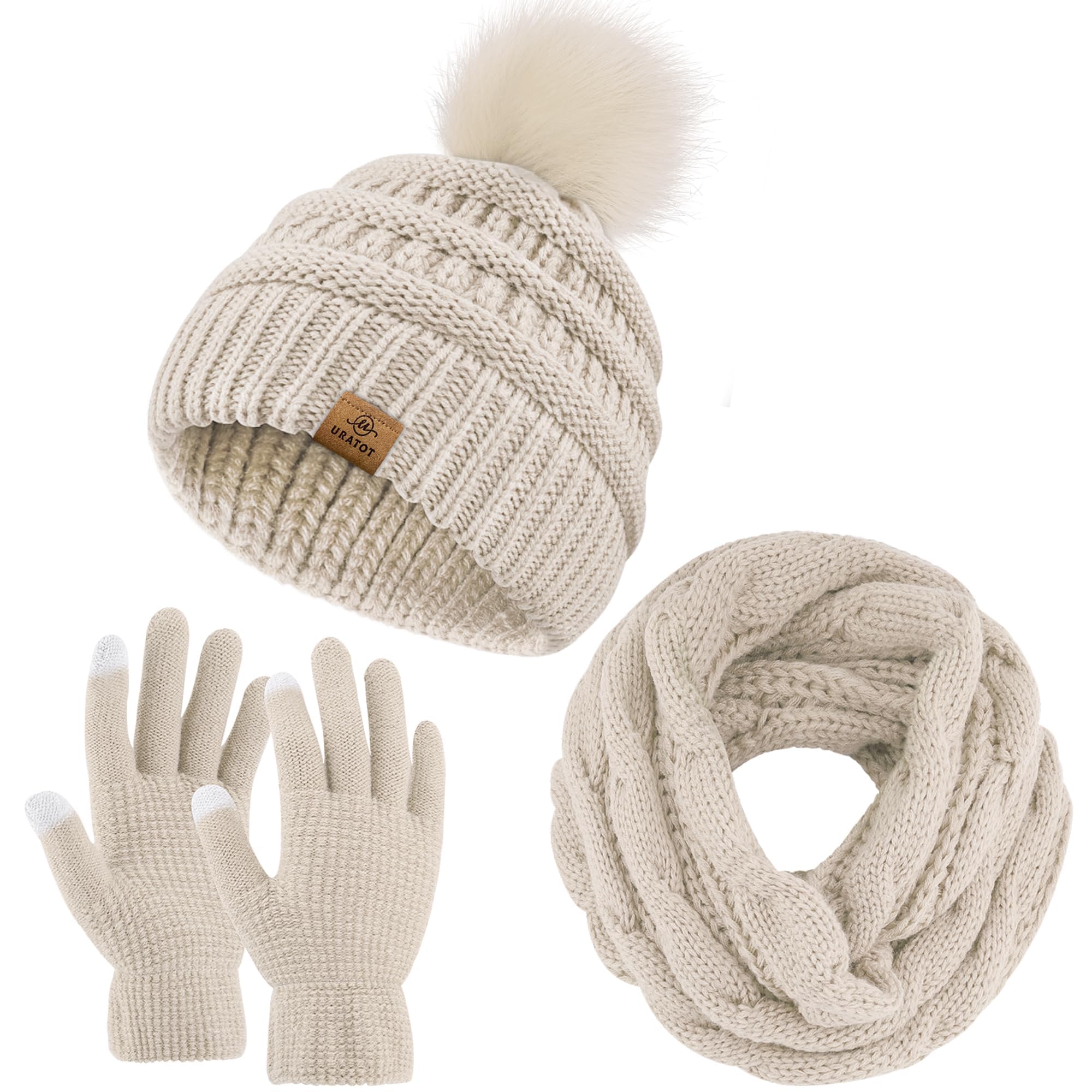 URATOT Winter Warm Knitted Sets Beanie Pompom Hat Scarves Winter Touchscreen Gloves Scarf Set for Men Women