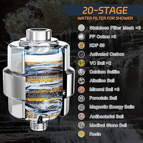 Miniatura 4 de EMBATHER - Filtro de ducha de 20 etapas para agua dura con hélice giratoria, filtro de cabezal de ducha de alto rendimiento con vitamina C E para