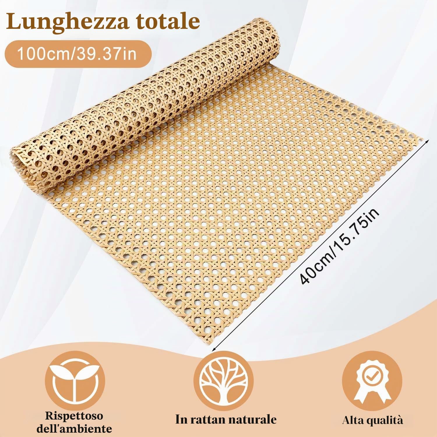 Rattan rotolo, 40 x 100 cm, midollino per sedie paglia di vienna per mobili, cannage rotin per sedie, armadi, bricolage, resistente all'umidità, impermeabile, fatto a mano, paglia di vienna per sedie