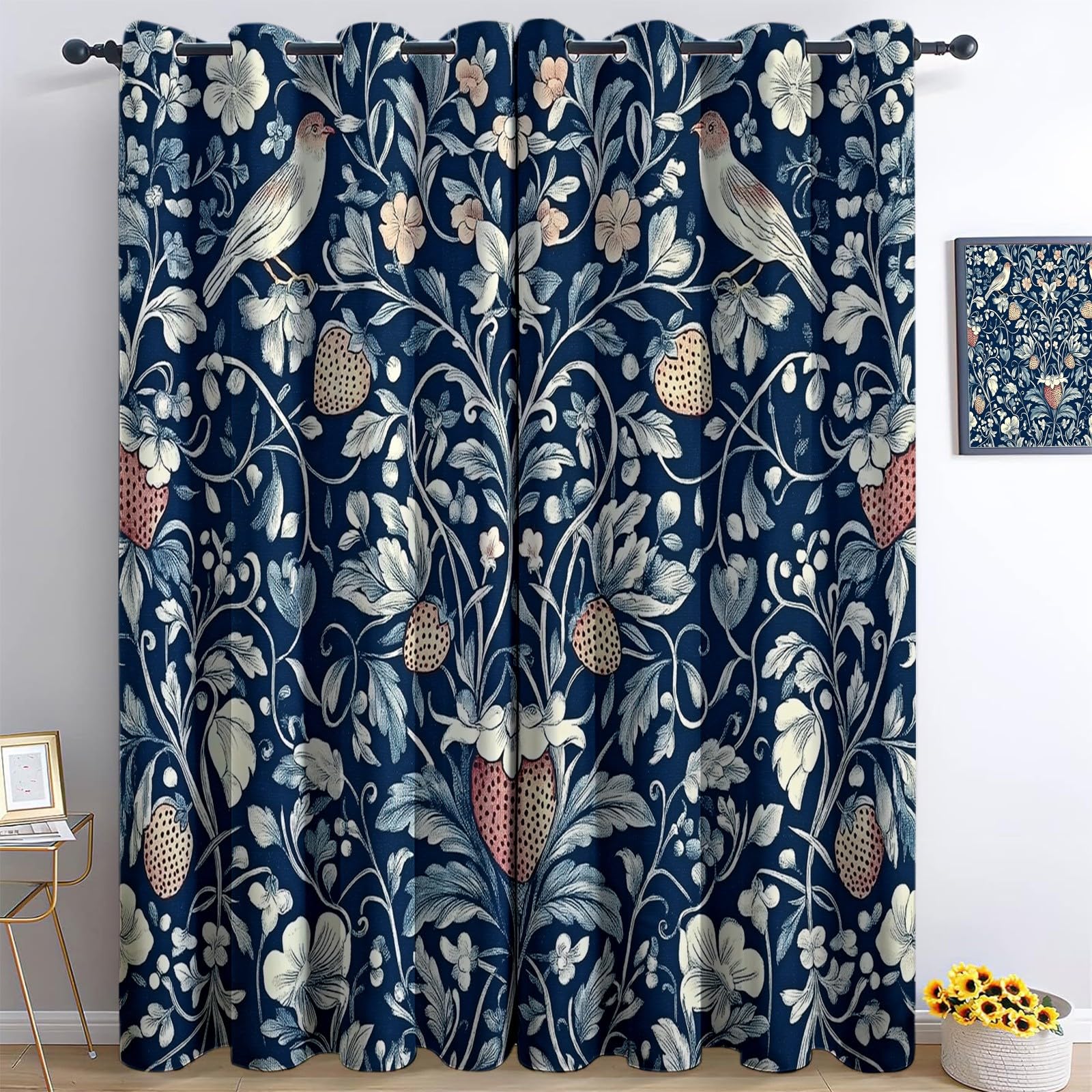 Blackout Thermal Curtains for Bedroom W 66" x L 72" (2 Panels), William Morris Flowers Eyelet Window Curtains for Room Darkening & Noise Reducing, Dark Blue