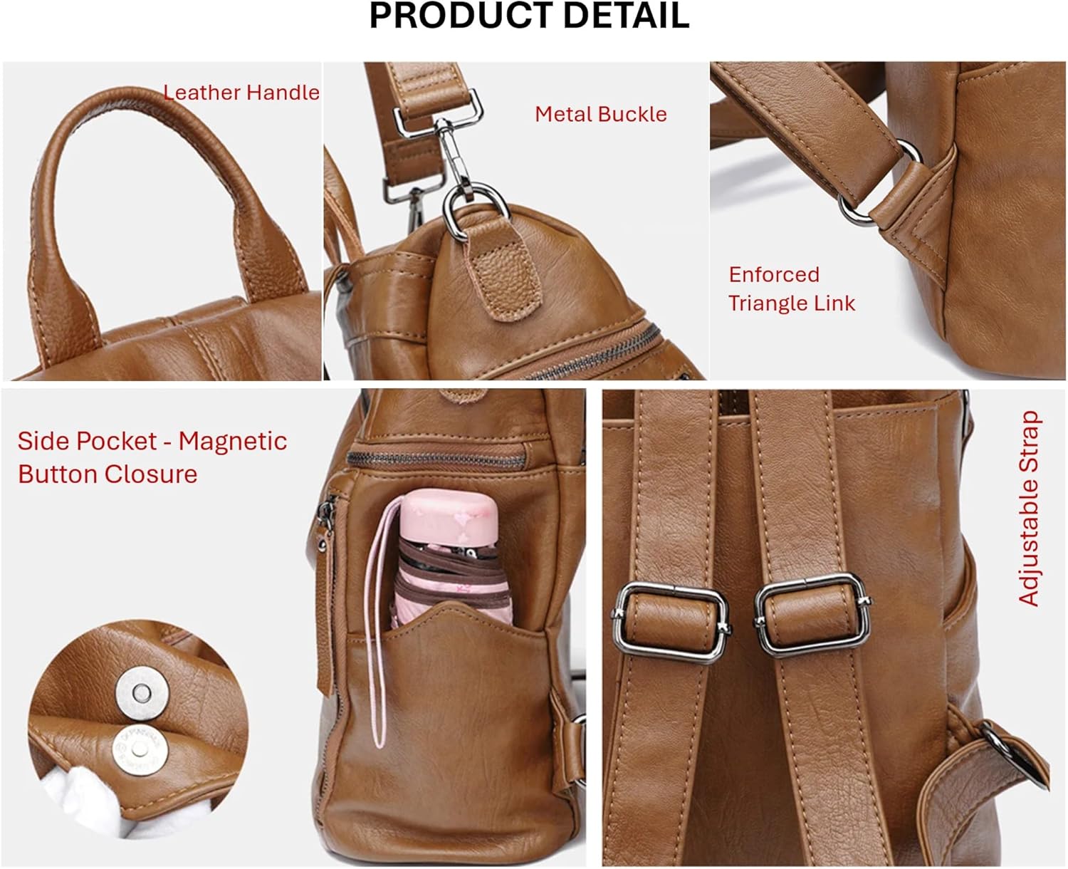 Genuine Cow Leather Backpack Shoulder Handbag Bag for Women, Top Handle & 2 Detachable Straps- Grey - Image 6