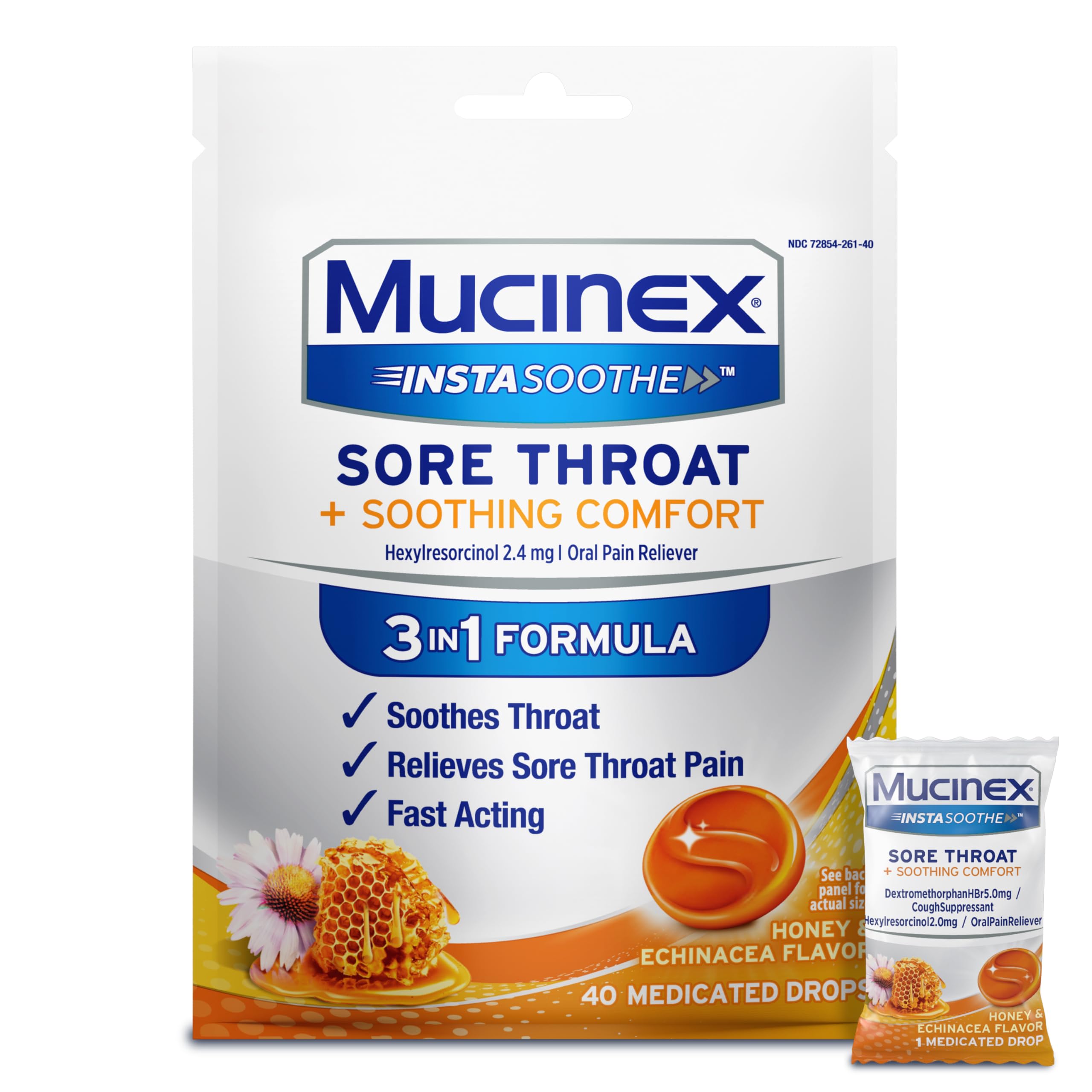 Mucinex Instasoothe Sore Throat Relief Drops, Sore Throat Lozenges, Sore Throat Medicine with Hexylresorcinol, Cough Drops Alternative, Honey & Echinacea Flavor, 40 ct