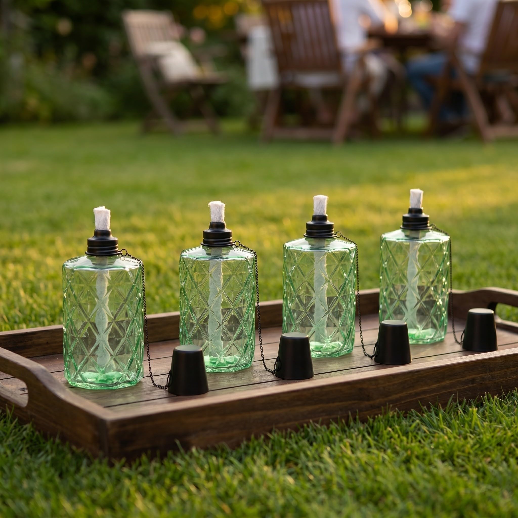 iplusmile 4 Piezas Antorcha de Vidrio Verde de 330ml y Tapa Extinguida para Uso Prolongado, Adecuado para Reuniones Patio y Fiestas de Verano