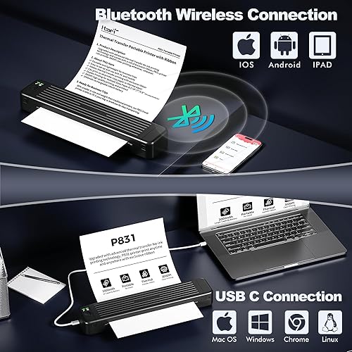 Miniatura 2 de Itari P831 Impresora de transferencia térmica Bluetooth negra, impresoras portátiles inalámbricas para viajes, impresora sin tinta de 300 DPI con
