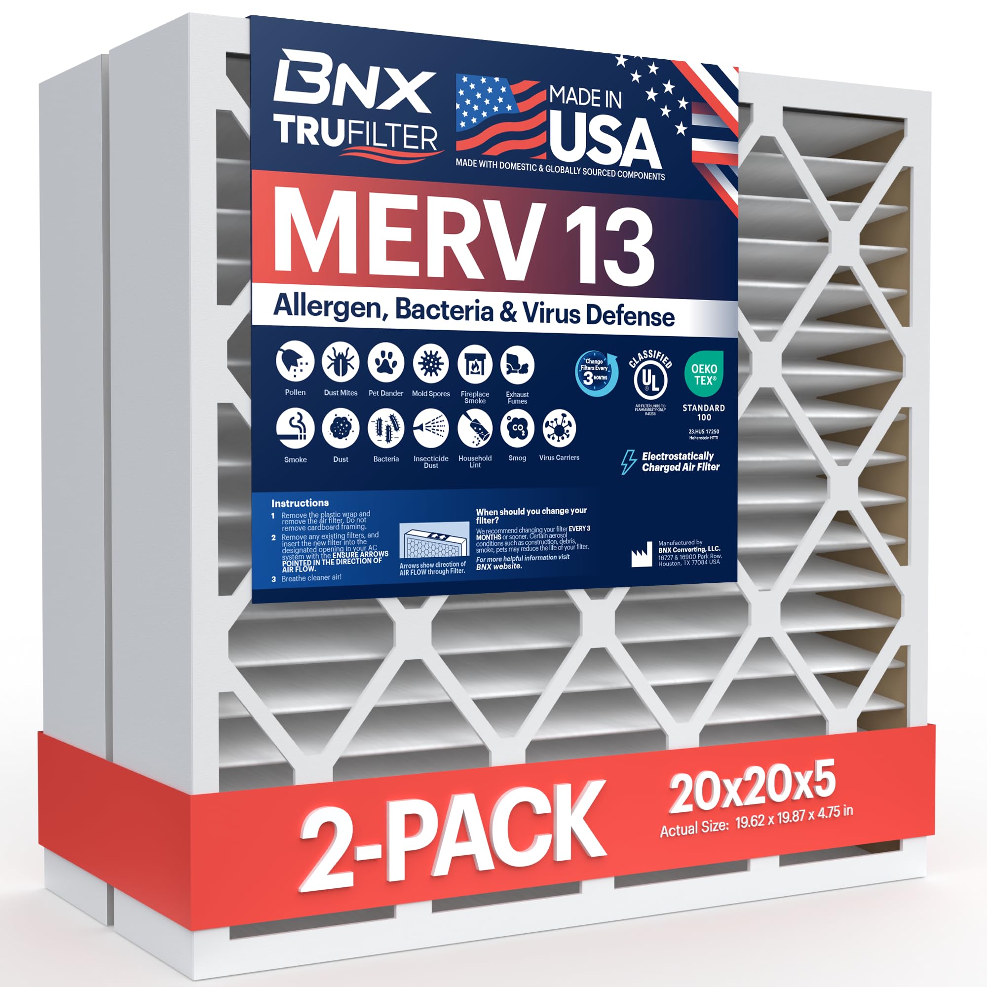 bnx trufilter 20x20x5 (19.88’’ x 19.88’’ x 4.38‘’ honeywell compatible 4”) merv 13 air filter (2-pack) - made in usa - hvac ac furnace filters health, allergies, mold, bacteria, smoke, mpr 1900 fpr 10