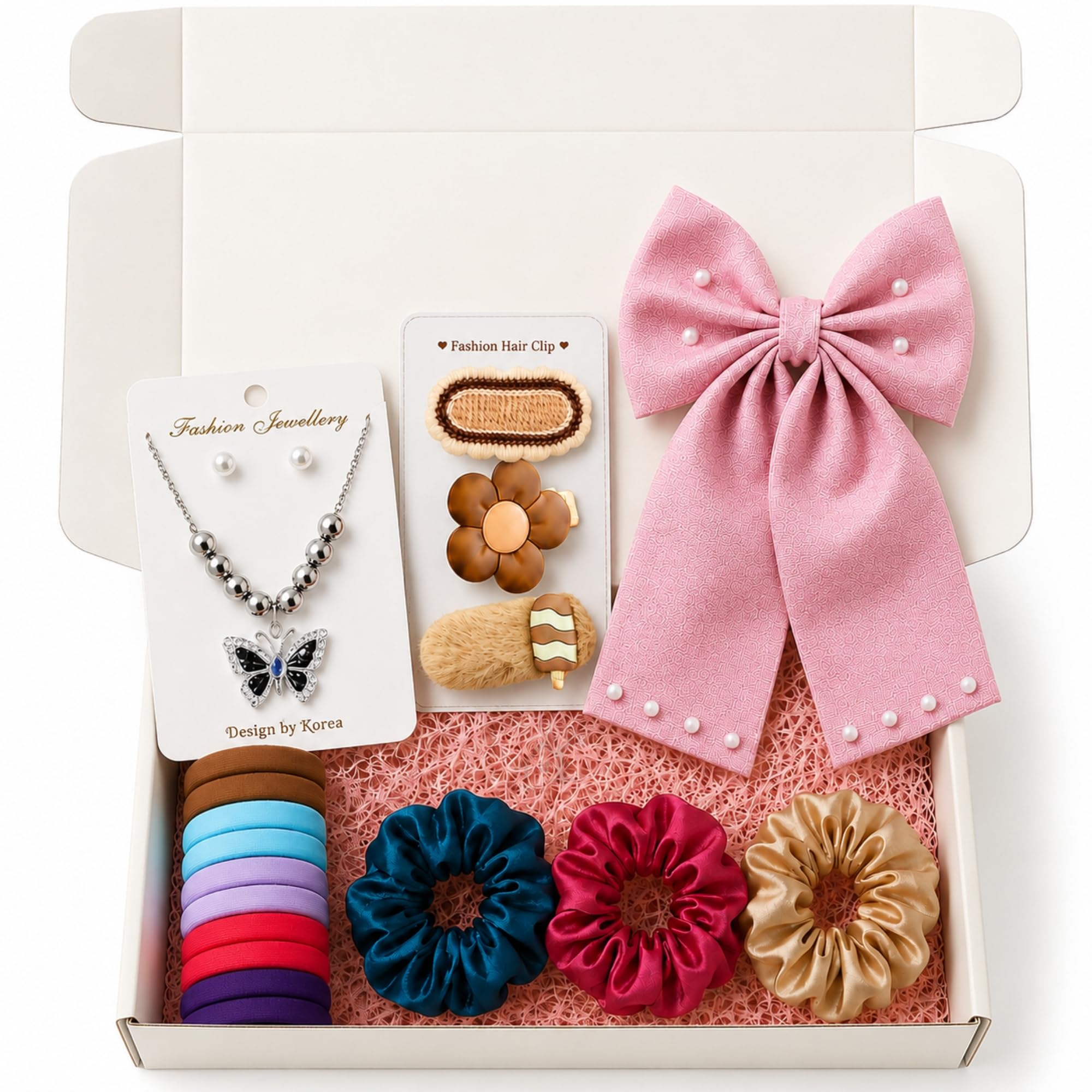 Trendy Hair Accessories & Jewelry Gift for Women & Girls | Satin Scrunchies, Pendant Chain with Earrings, Hair Rubber Bands, Hair Pins & Mini Makeup Pouch | Cute Aesthetic 18-Piece Gift Hamper with Gift Box for Birthday & Valentine | Random Colors & Designs-image-44