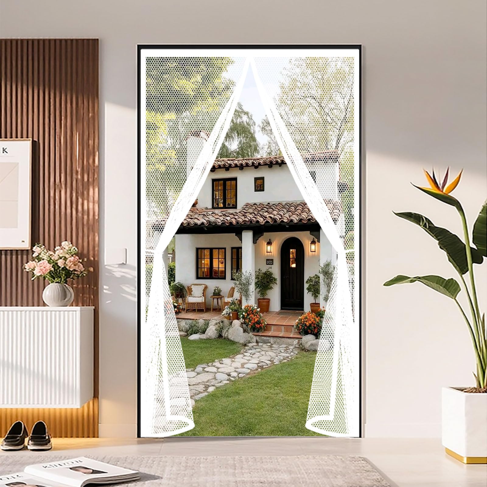Magnetic Screen Door 84 x 285 cm Powerful Magnets and Full Frame Magic Tape Heavy Duty Bug Mesh Curtain Hands Free No Drill Installation for Patio Bedroom Sliding Kitchen, White