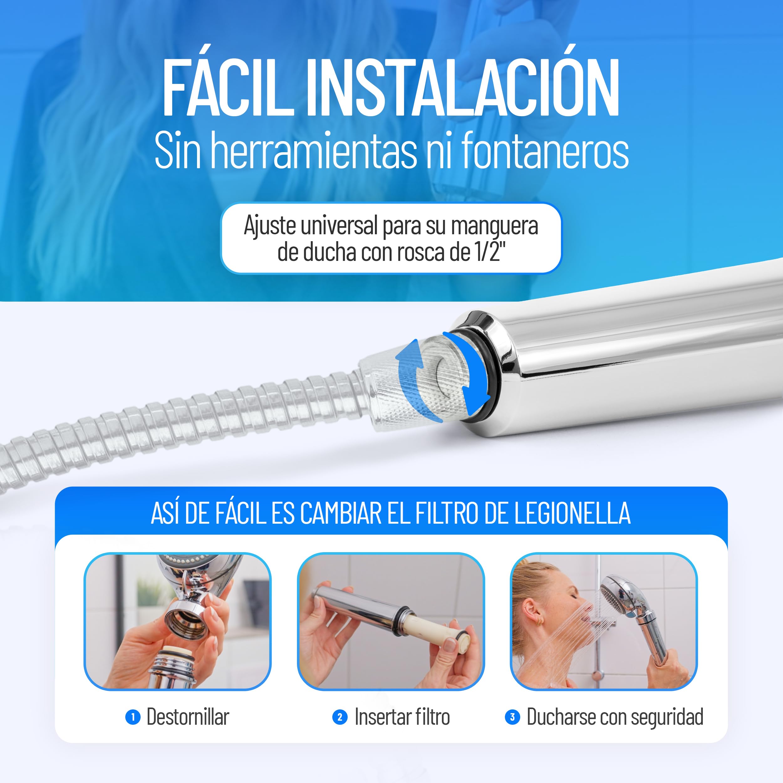 Cabezal de ducha anti legionelosis | Filtro fiable de legionelas peligrosas | Fácil instalación | Discreto