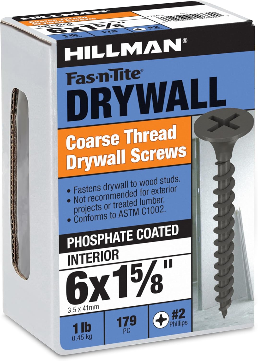 Hillman 47663 6x1-5/8" Coarse Thread Black Phosphate Drywall Screws #2 Phillips Drive, 1LB Pack (221 Screws)