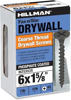 Hillman 47663 6x1-5/8" Coarse Thread Black Phosphate Drywall Screws #2 Phillips Drive, 1LB Pack (221 Screws)