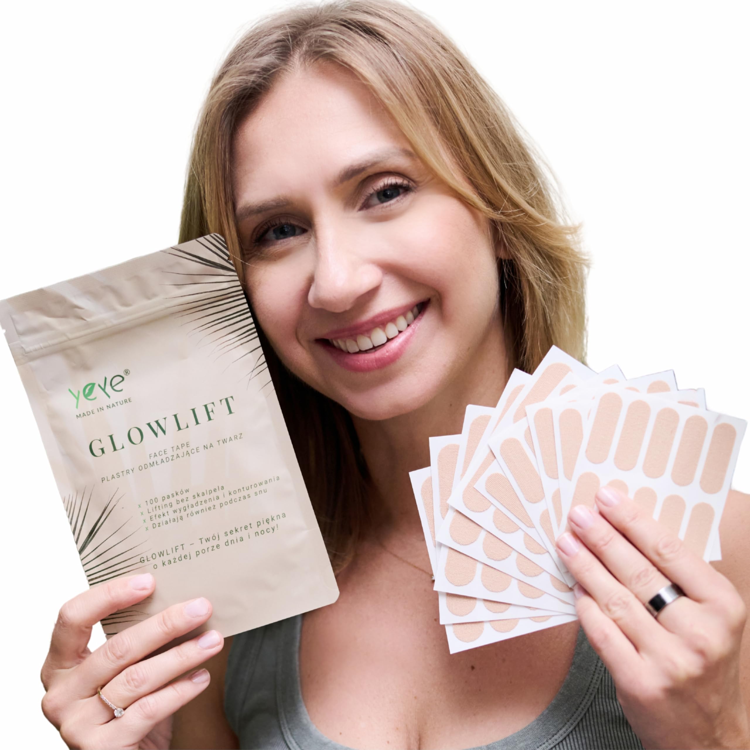 YEYE Made in Nature GlowLift Face Tape - Liftingujące Taśmy do Twarzy 100 sztuk, Gotowe plastry do Face Tapingu, Taśmy Kosmetyczne na Zmarszczki, Owal Twarzy, Czoło, Policzki i Linię Żuchwy