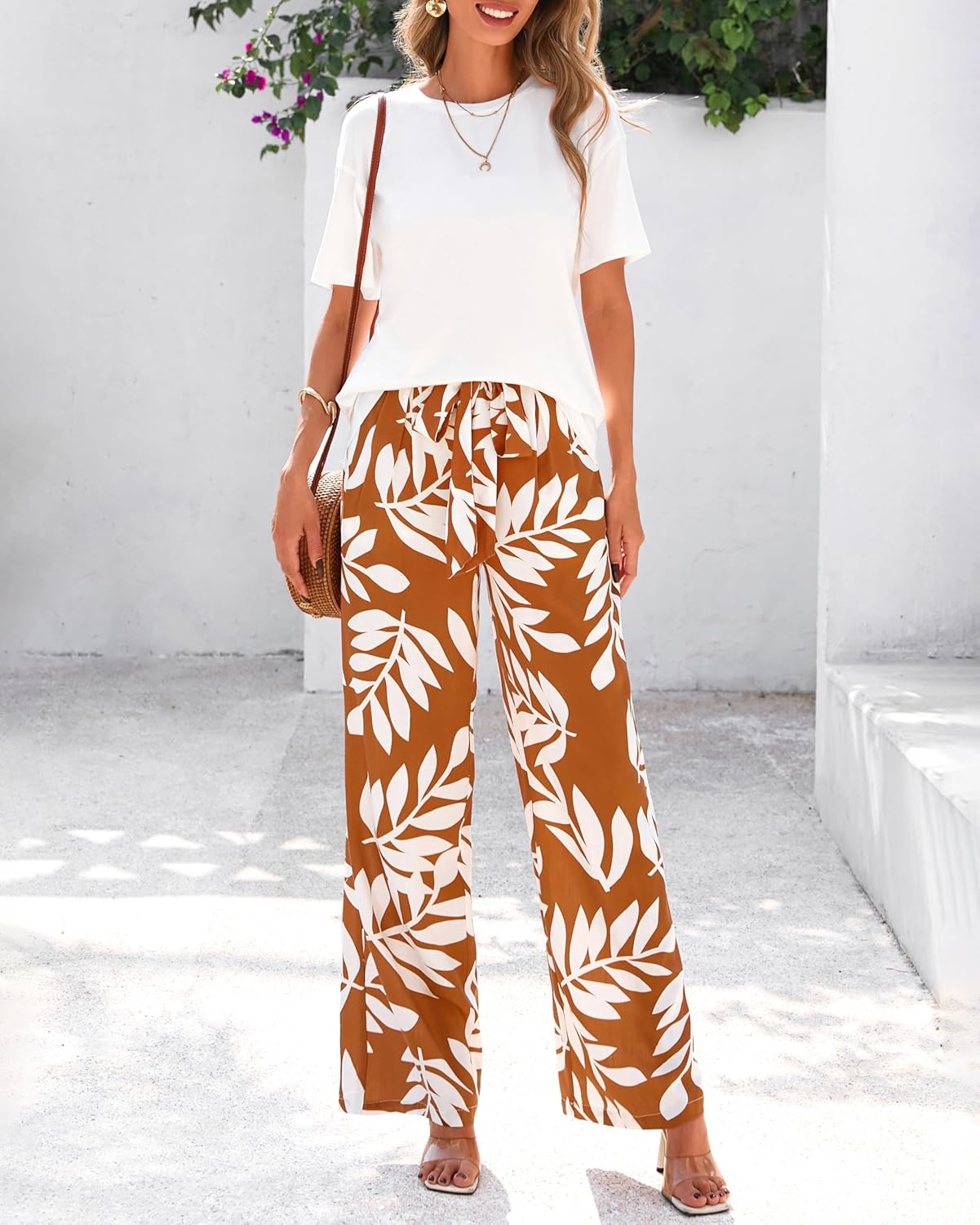 PRETTYGARDEN Women Summer 2 Piece Outfits 2026 Short Sleeve Knit Top Floral Print Belted Wide Leg Pant Sets With Pockets - Image 3