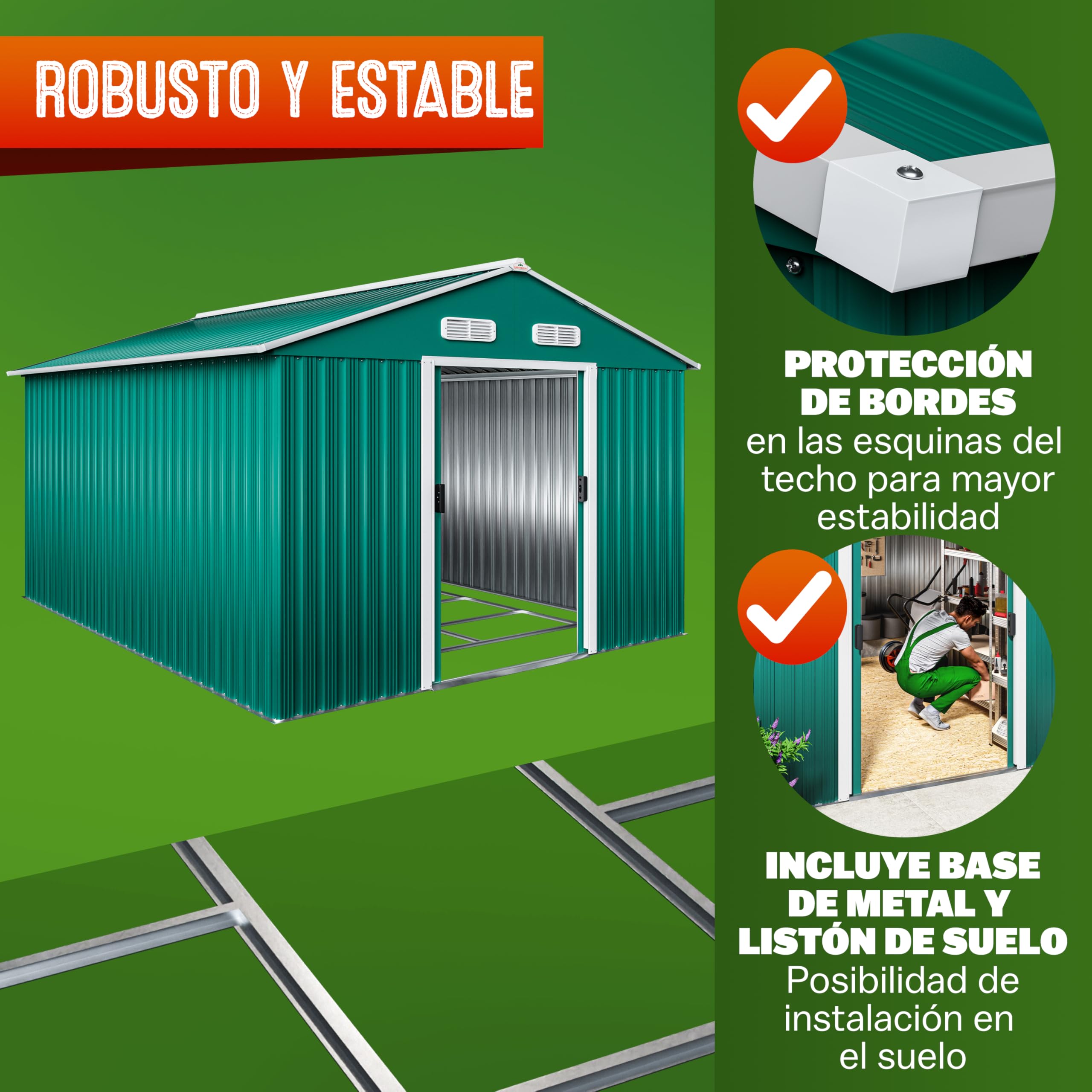 GARDEBRUK® Cobertizo de Jardín 8 m² 312x257x178 cm Caseta Metálica Exterior 15m³ con Base Puerta Corrediza Verde