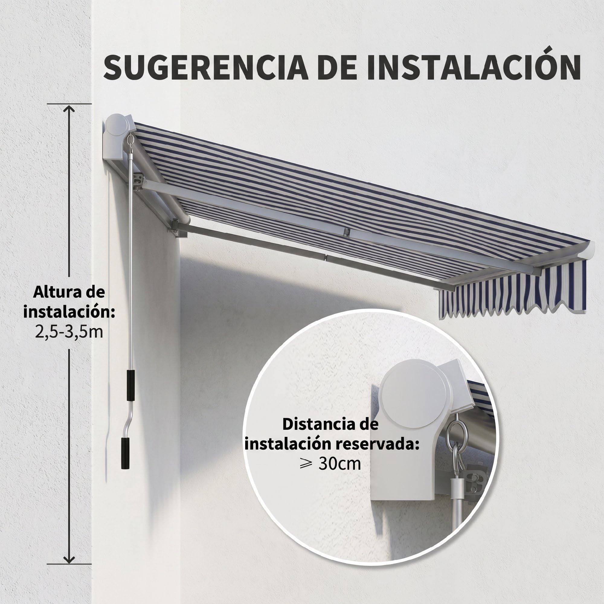 Outsunny Tenda manuale retrattile, 395 x 245 cm, tenda da sole esterna con angolo regolabile, braccio articolato, montaggio a parete, struttura in alluminio, anti-UV e impermeabile, per giardino, blu