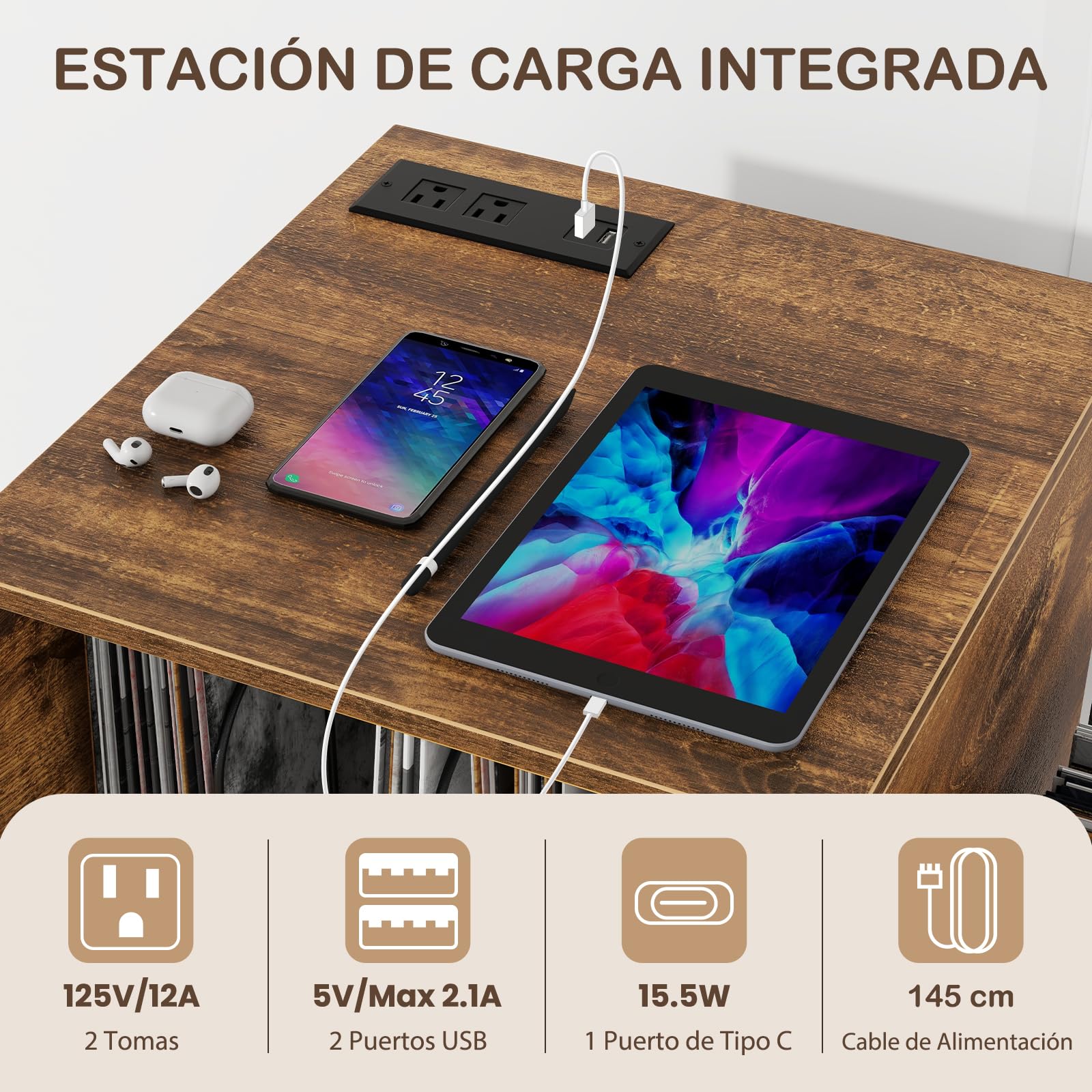GIANTEX Soporte para Tocadiscos, 66 x 45 x 67 cm, Mesa Auxiliar con Estación de Carga Incorporada, Estantería de Almacenamiento para Vinilos con Patas Metálicas, Armario para Dormitorio, Salón (Café)