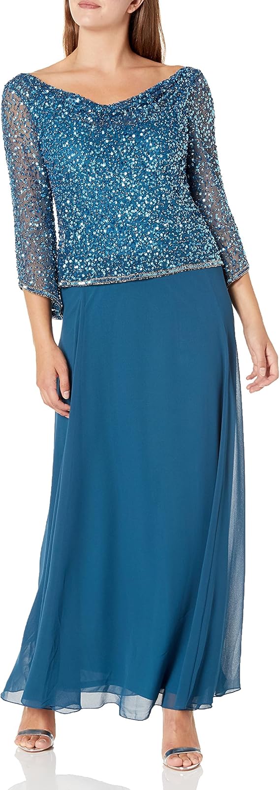 J Kara Women's Cowl Neck 3/4 Sleeve Beaded Pop Over Dress - Handmade Embellished