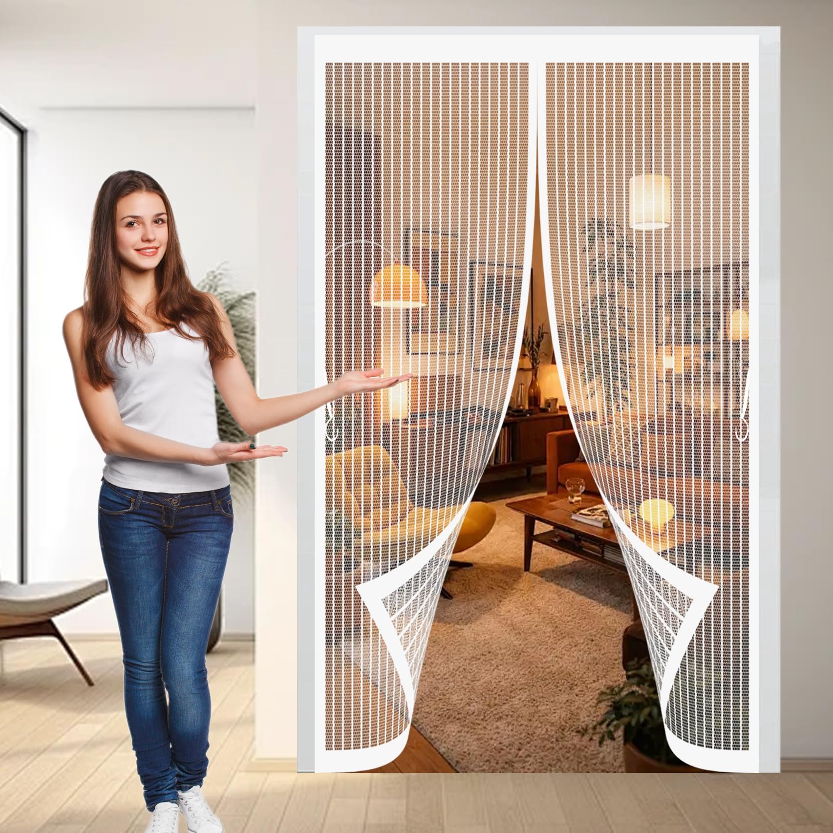 Fly Nets for Doors 155 x 310 cm with Powerful Magnets & Full Frame Magic Tape, Keep Bugs Out & Lets Fresh Air in Magnetic Fly Screen Doors for Patio Balcony, White
