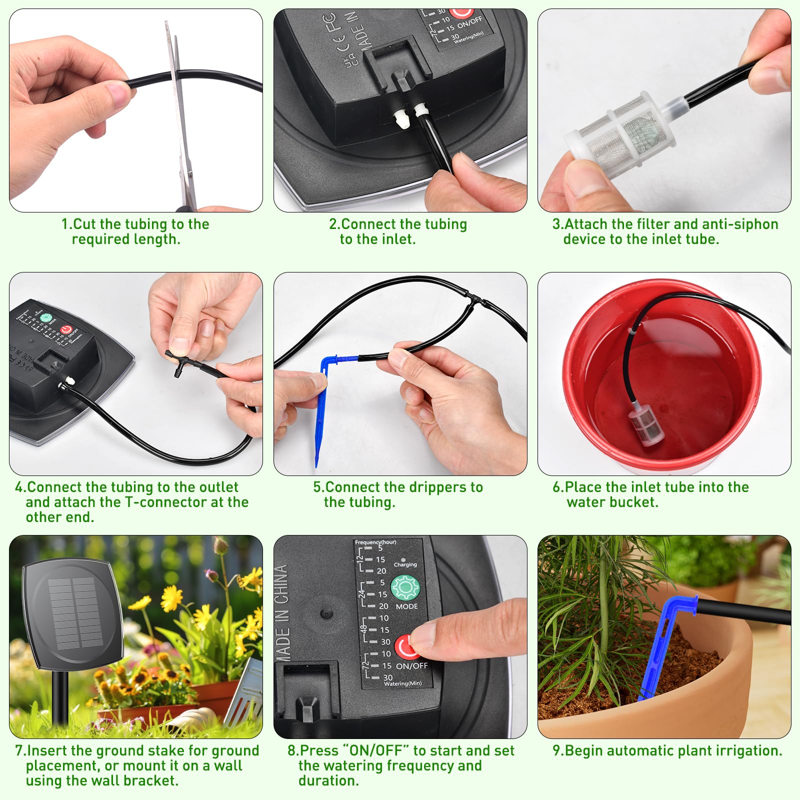 Onherm Arrosage Automatique Solaire, 12 Modes de Minuterie et Tuyau D’Irrigatio 15M, Arrosage Goutte a Goutte Solaire Système Kit pour Jardin, Balcon et Plantes en Extérieur