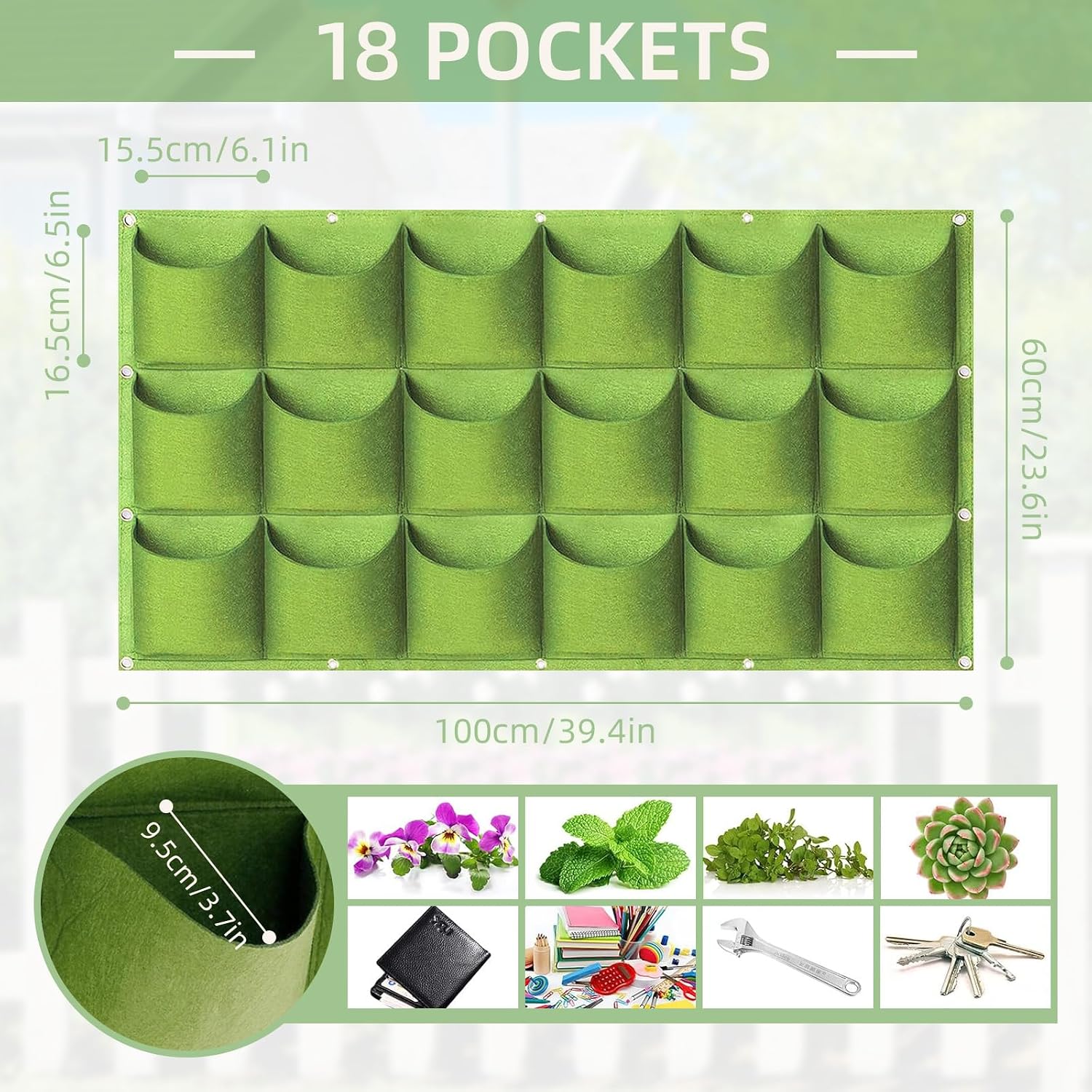 LITLANDSTAR 18 Pockets Hanging Grow Bags, 2 Pack Horizontal Wall Planter Plant Grow Bags Outdoor Indoor Hanging Planter for Balcony/Railing/Fence/Yard/Garden/Home Decoration, Green