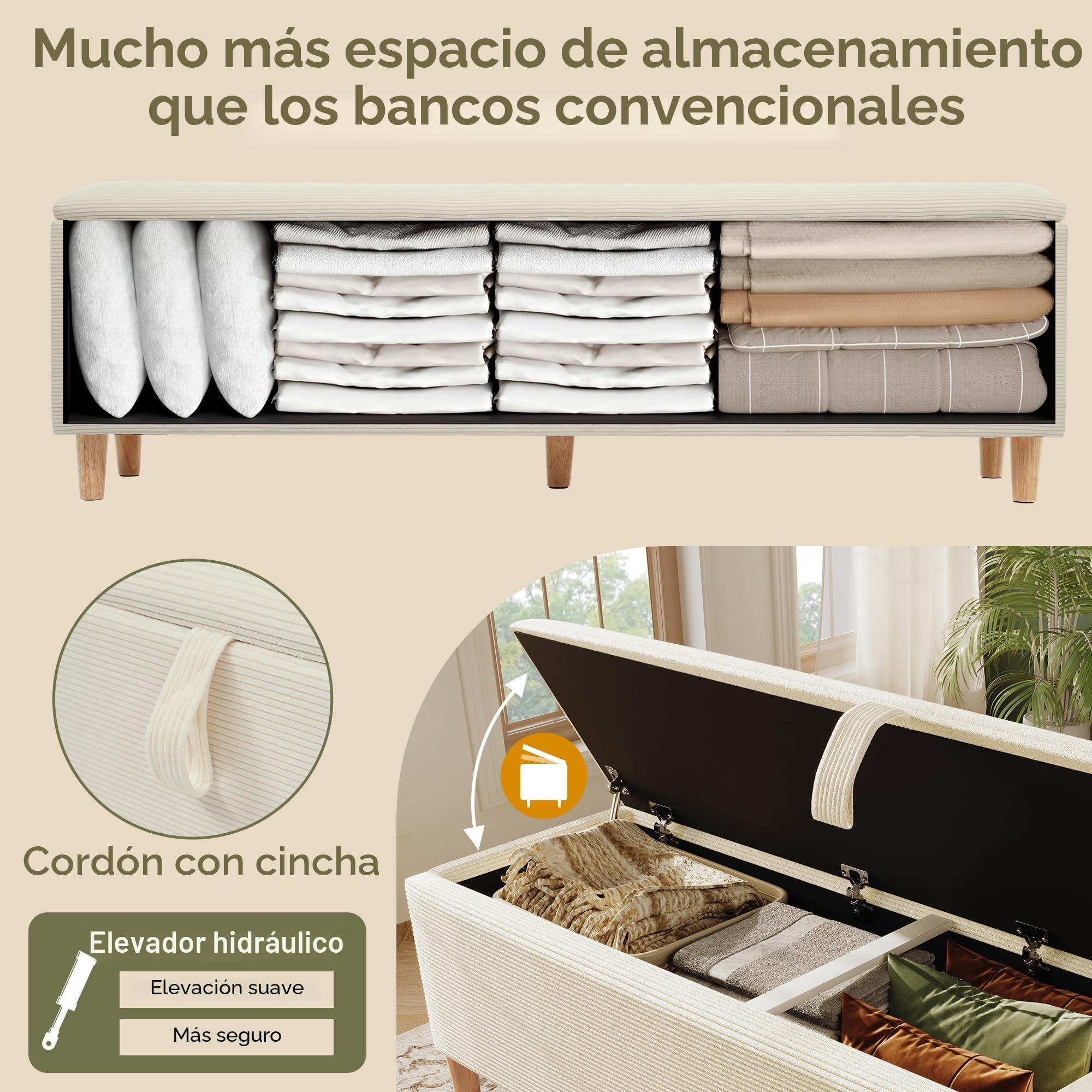 Kebnor Banco con espacio de almacenamiento, banco tapizado con espacio de almacenamiento hidráulico, caja de almacenamiento, adecuado para dormitorio, sala de estar y pasillo, aspecto de corduroy
