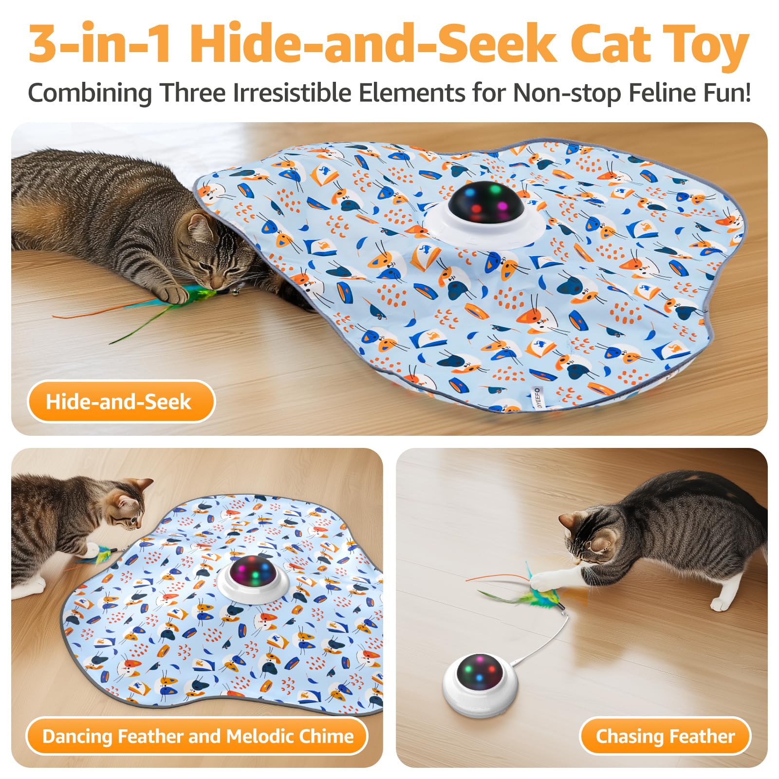 Interactive Cat Toys Rechargeable: Interactive Cats Toy with Chime - Automatic Cat Toys for Indoor Cats, Hide and Seek Toy with Motion, Moving Feather, USB,Blue
