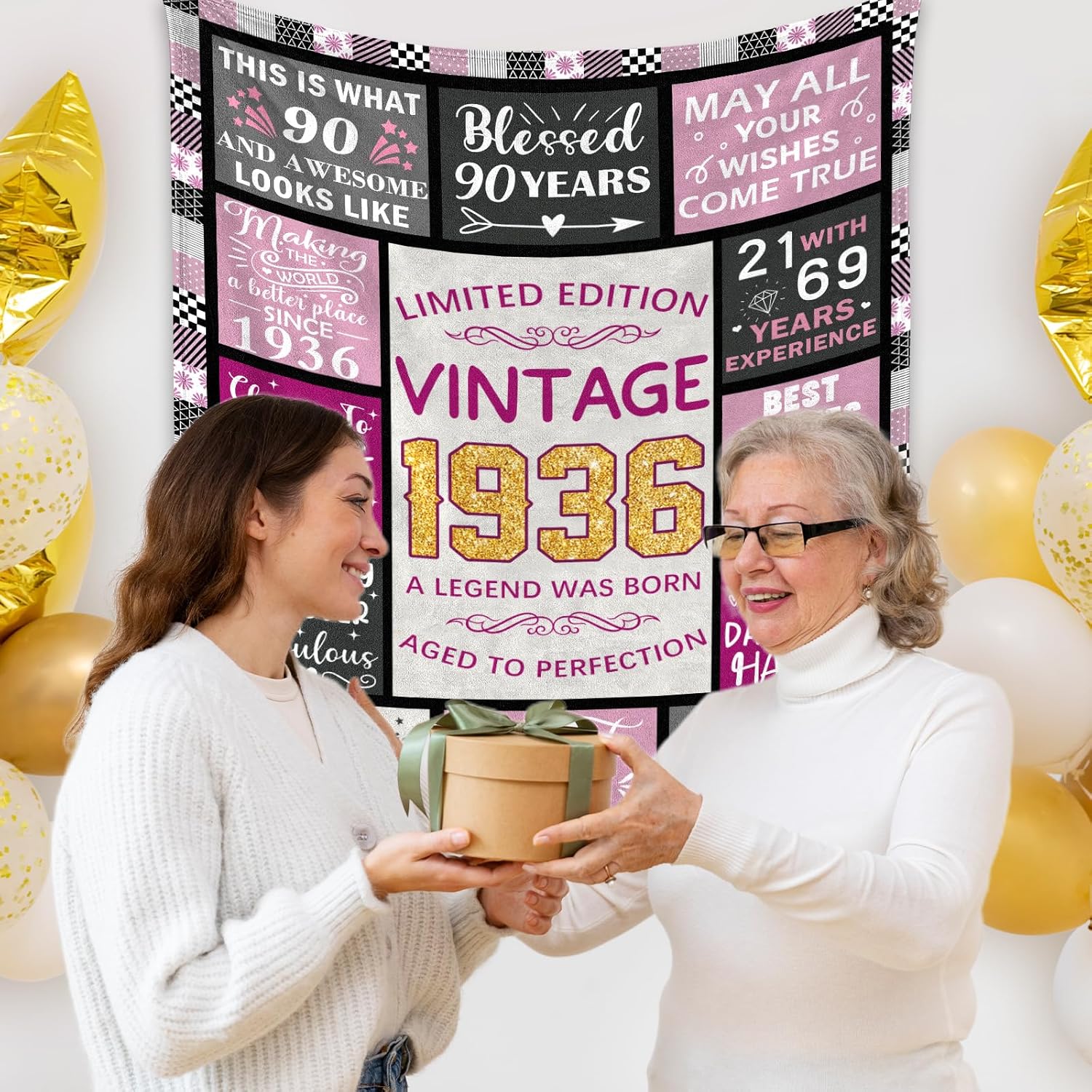 CIUGOIG 90th Birthday Gifts for Women, Vintage 1936 Birthday Blanket 50"x60", Funny 90th Birthday Gifts for 90 Year Old Women, Born in 1936 Gift for Her Wife Mom Grandma Sister - Image 2