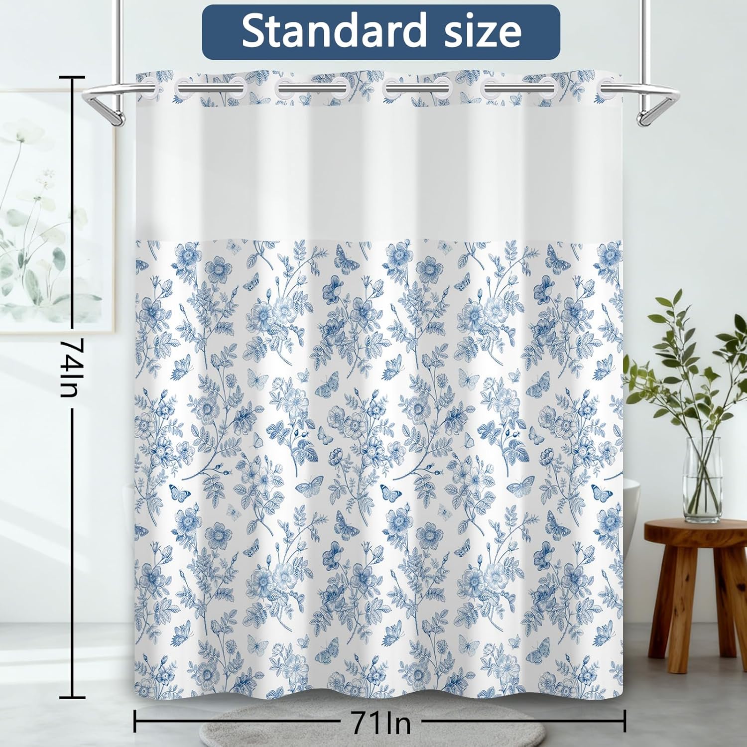 No Hook Shower Curtain with Snap in Liner, Blue White Vintage Floral Butterfly with Mesh Top Window, French Country Bath Curtain, Waterproof Double Layer for Bathroom Decor, 71 x 74 Inch