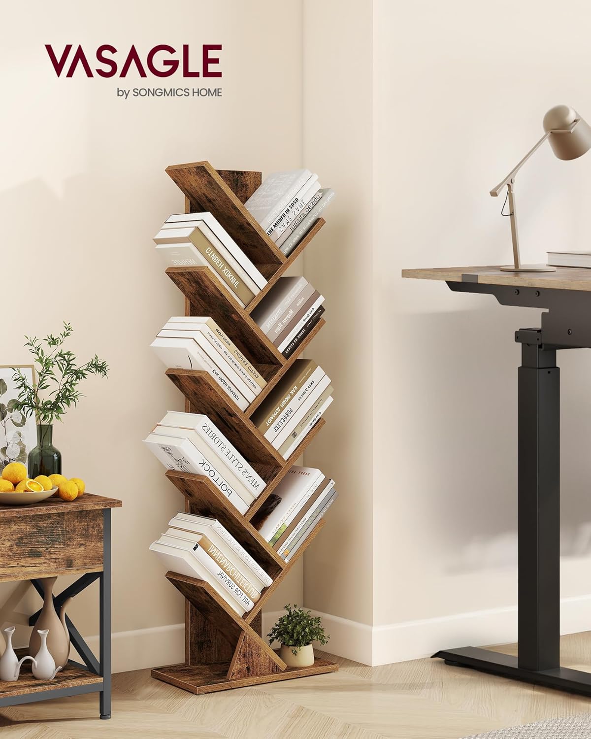 VASAGLE Custos Collection - Tree Bookshelf, Modern Bookcase, Floor Standing Book Shelf, for Bedroom, Living Room, Home Office, 7.9 x 15 x 45.4 Inches, Rustic Brown ULBC609K01