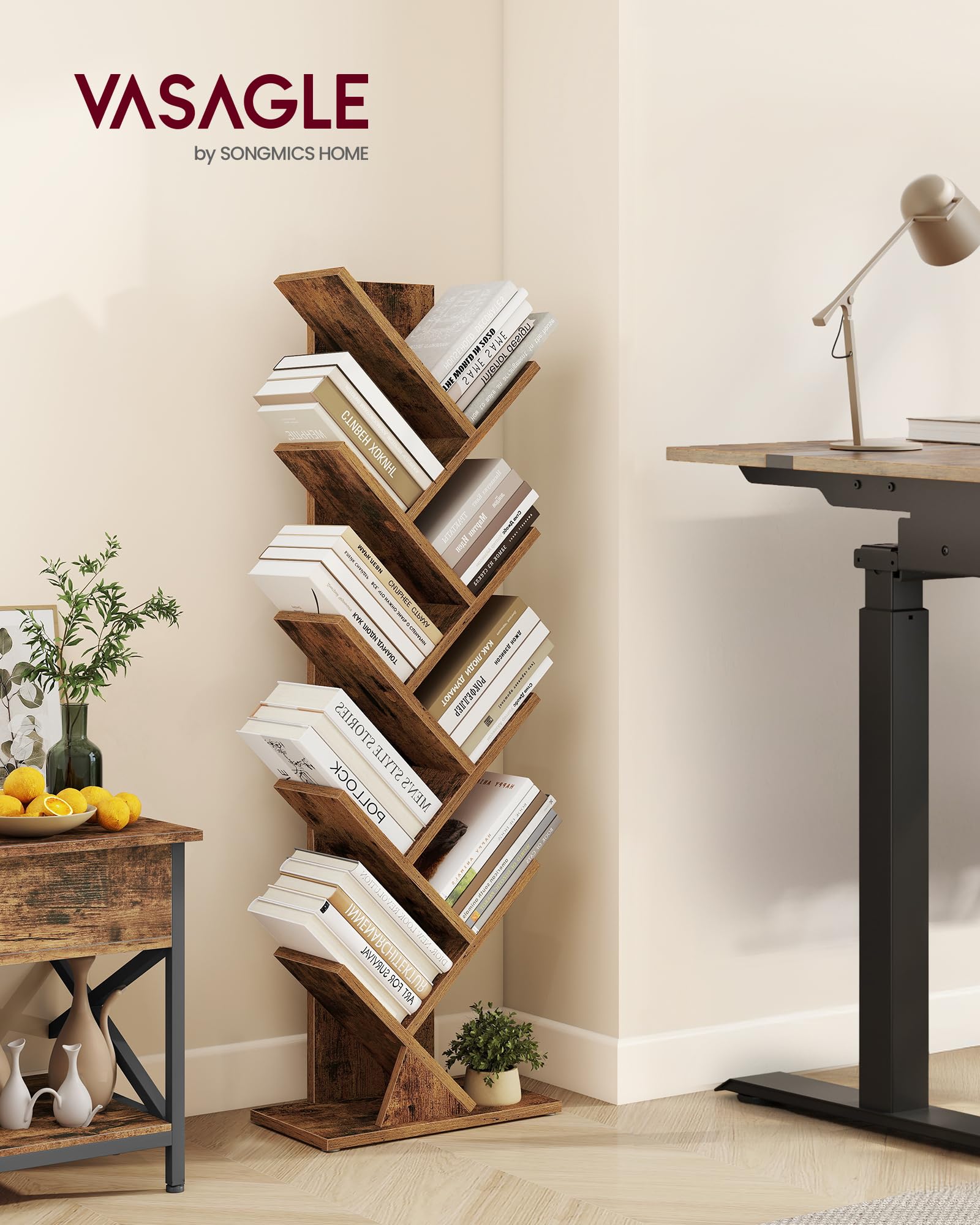 VASAGLE Custos Collection - Bibliothèque Arbre, Bibliothèque Moderne sur Pied, pour Chambre, Salon, Bureau, 20 x 38 x 115,2 cm, Marron Rustique LBC609KD01