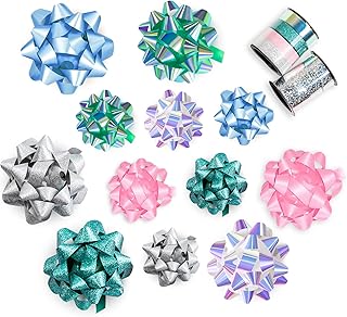 WRAPAHOLIC 14 Pcs Gift Bows Assortment - 12 Multi Colored Assorted Size Gift Bows (Silver, Green, White, Pink, Blue) and 2 Crimped Curling Ribbons, Perfect for Christmas, Holiday, Party