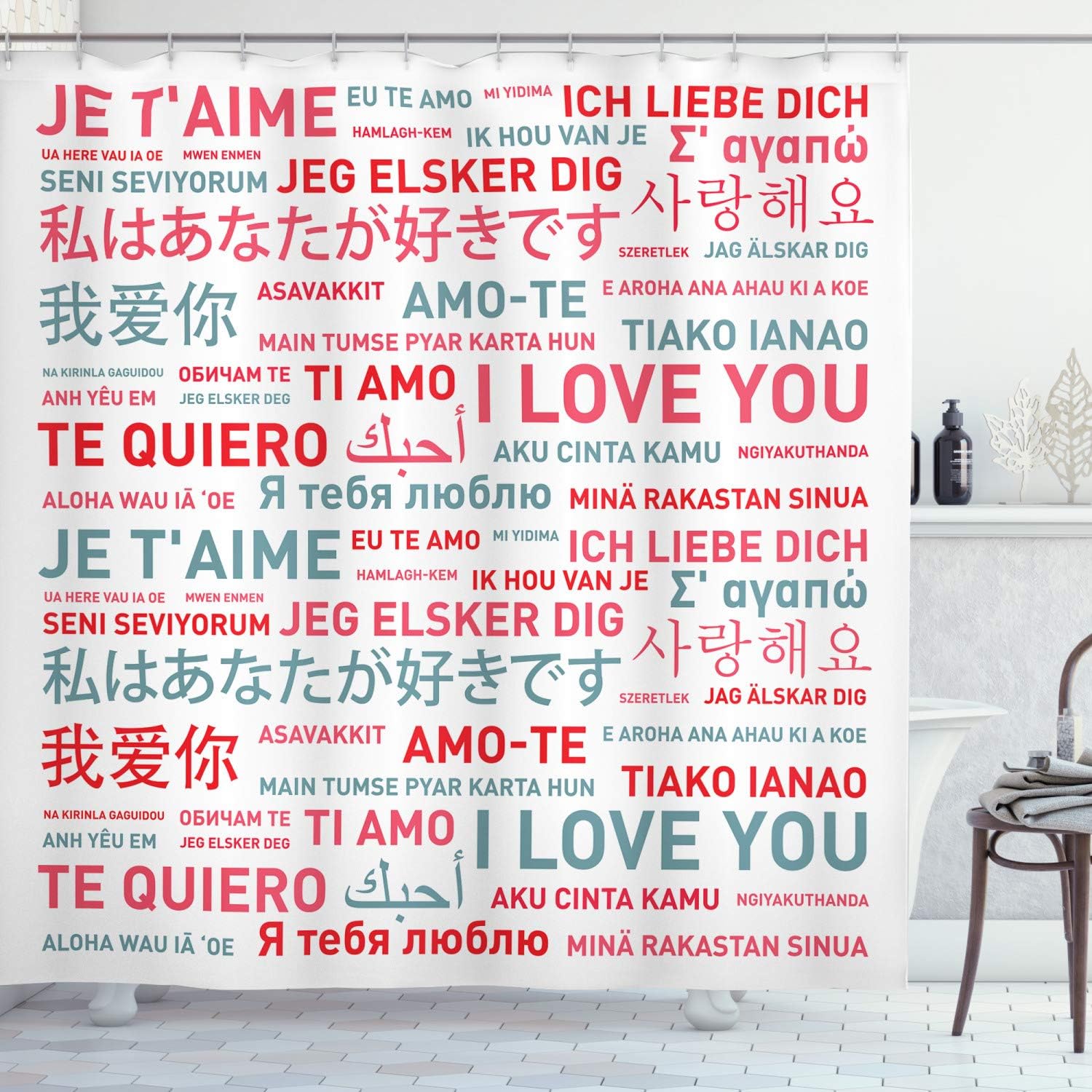Ambesonne Love Shower Curtain, Emotional Messages in Various World Languages of Lettering and Culture Art Theme, Cloth Fabric Bathroom Decor Set with Hooks, 69" W x 70" L, White Grey