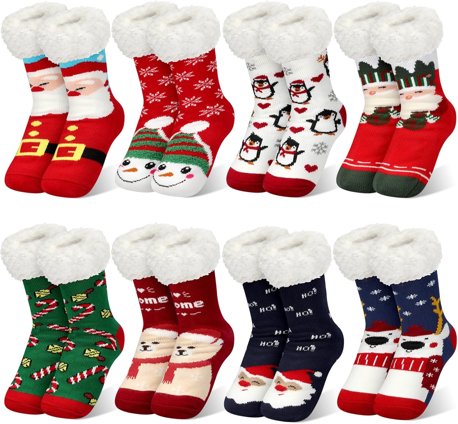 Suhine 8 Pairs Christmas Fuzzy Slipper Socks for Women Plush Coral Fleece Warm Non-slip Holiday Socks for Xmas Winter Gifts