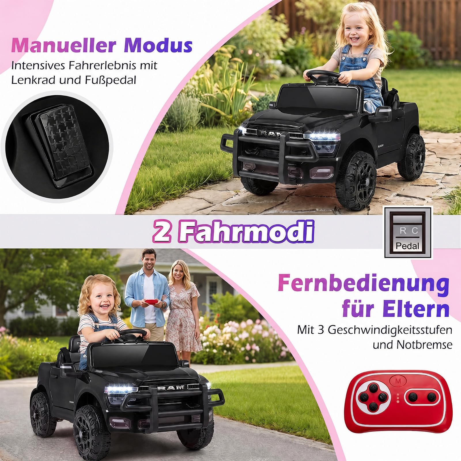 COSTWAY 12V Kinder Elektroauto, Kinderauto RAM für ab 3 Jahren (Schwarz) | Mit 2,4G-Fernbedienung, Musik, Hupe & helle Scheinwerfer, 3-Punkt-Gurt und verriegelbare Türen, bis zu 30 kg belastbar