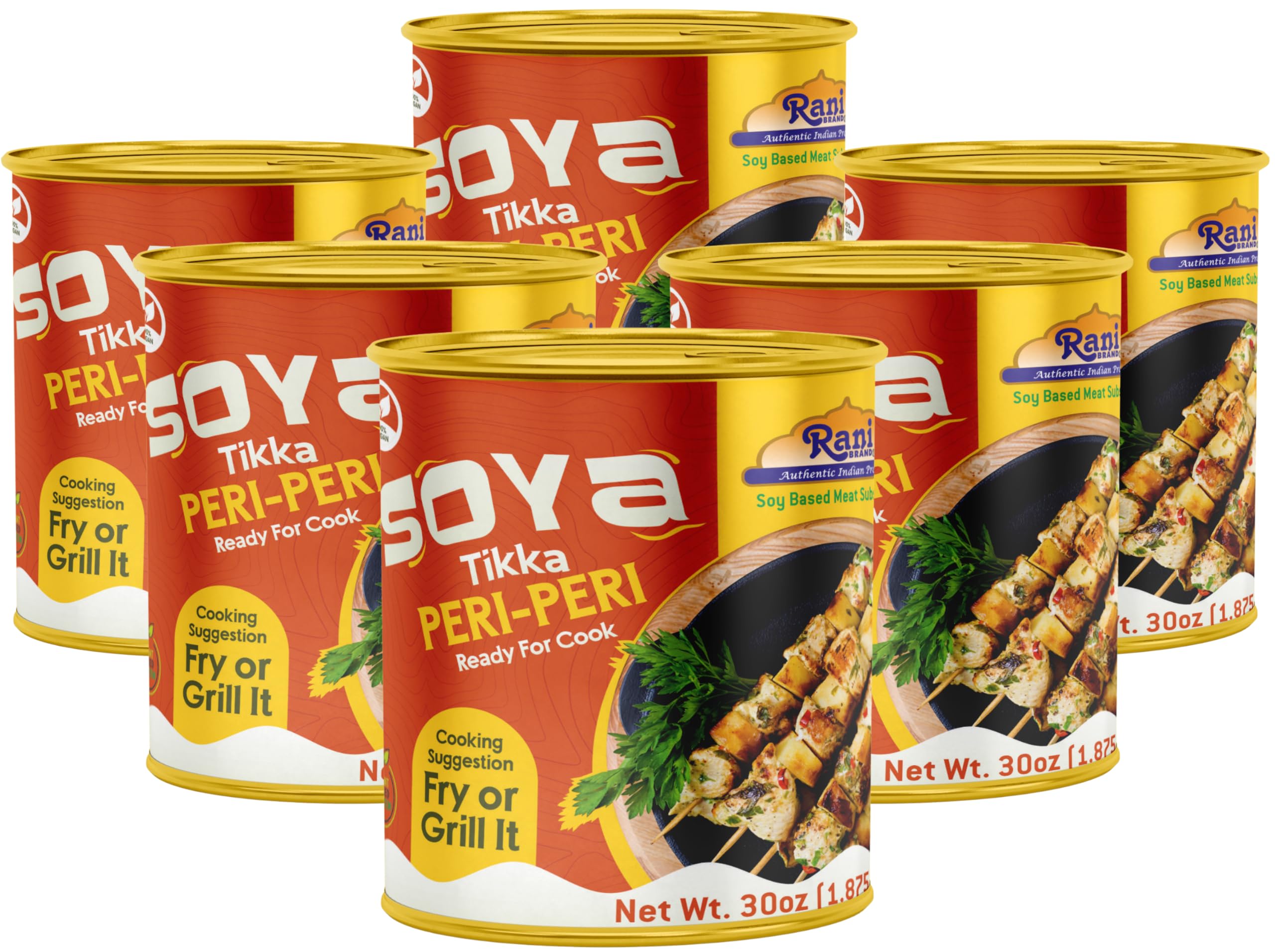 Rani Soya Tikka Peri-Peri 30oz (1.875lbs) 850g, Pack of 6, Ready for Cook ~ Easy Open Lid | All Natural | Vegan | No Colors | NON-GMO | Kosher | Indian Origin | Soy Based Meat Substitute