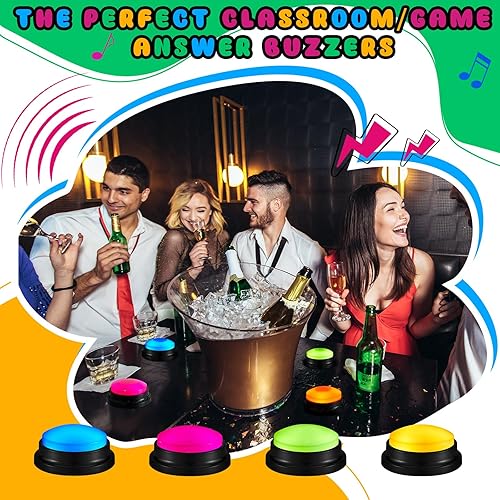 Miniatura 10 de Honoson 8 piezas de zumbadores de respuesta grabables brillantes con botón de respuesta, zumbadores de espectáculo de juegos, zumbador grabable,