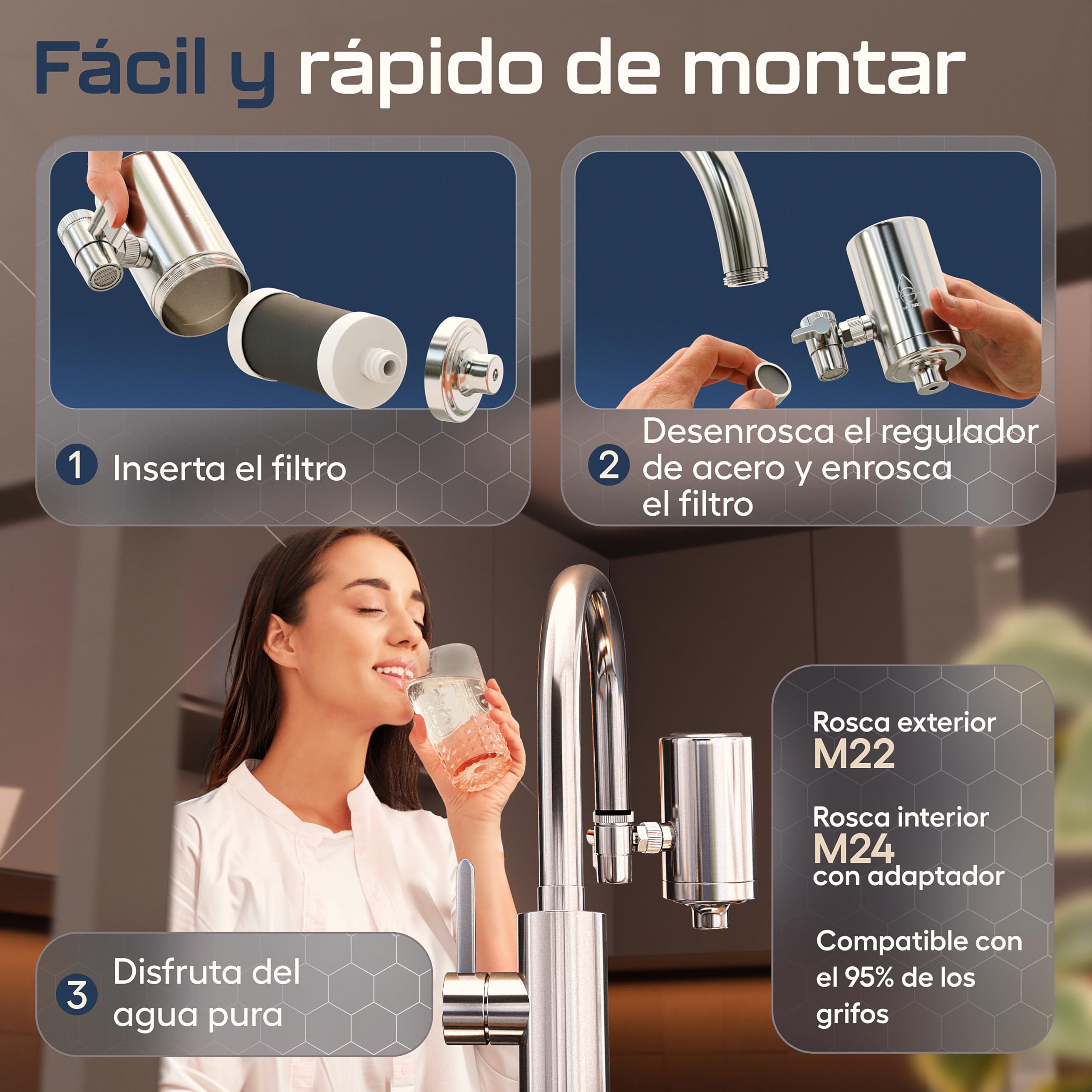 VILTARO® Filtro Agua Grifo – solo 0,02 €/litro de agua potable, sin BPA, acero inoxidable, aireador ahorrador de agua, filtro de carbón activo | Filtro de agua para grifo, filtro grifo cocina
