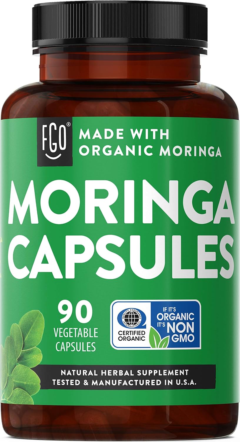 FGO Organic Moringa Oleifera Leaf Powder | Lab Tested for Purity | Manufactured in USA | 90 Veggie Capsules