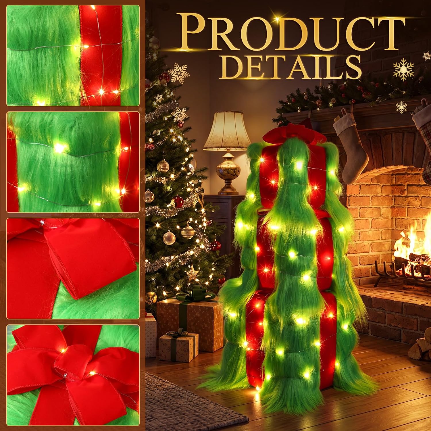 Vicenpal Set of 3 Christmas Lighted Gift Boxes, Lime Green Furry Decoration LED Light up Presents Gift Boxes Ornament for Indoor Outdoor Christmas Decoration, Batteries Not Included image 3